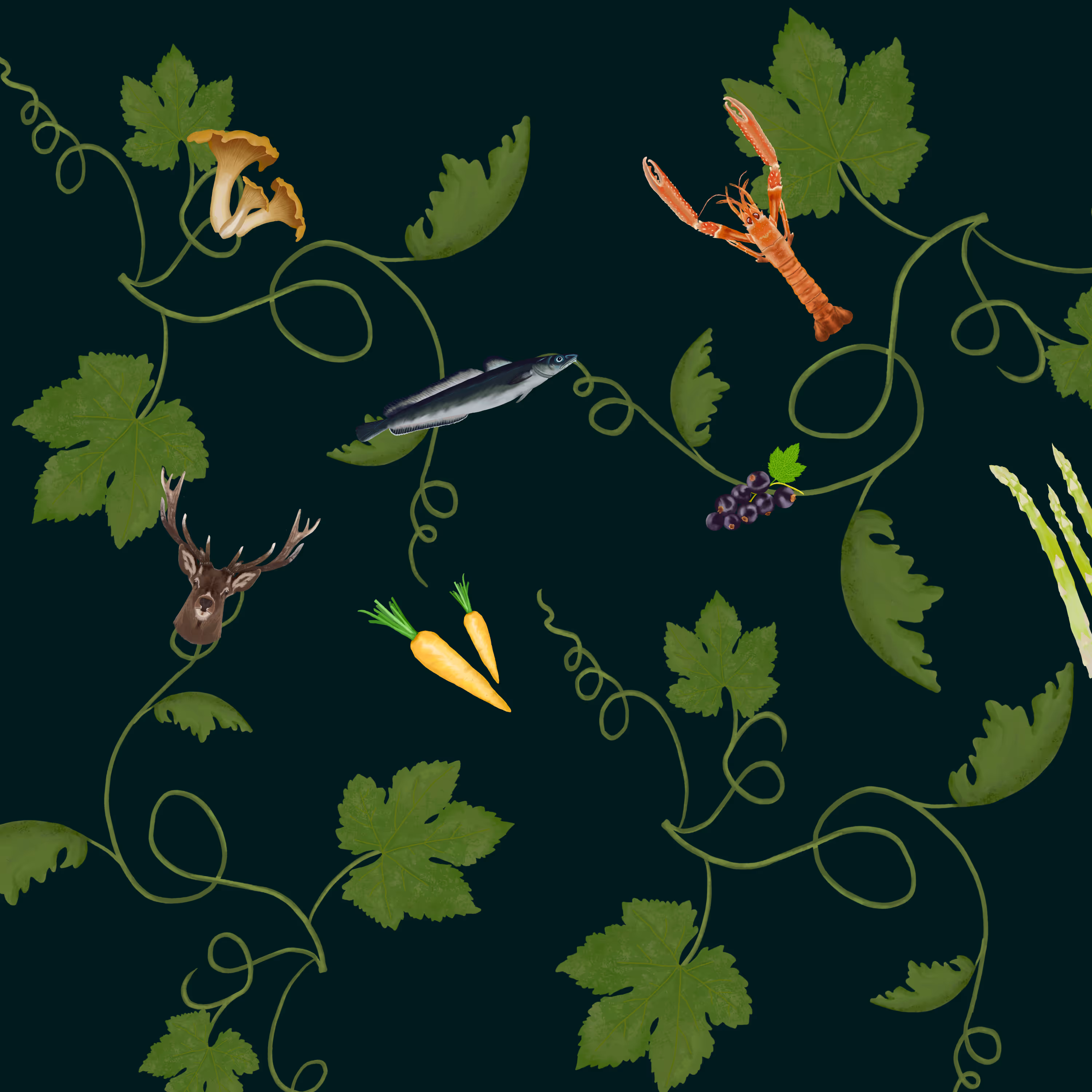 Illustrasjon av grønne vinrankeblader med gulrot, svart vinranke, fisk, sopp, kreps, asparges og en hjortehodeskulptur på mørk bakgrunn.