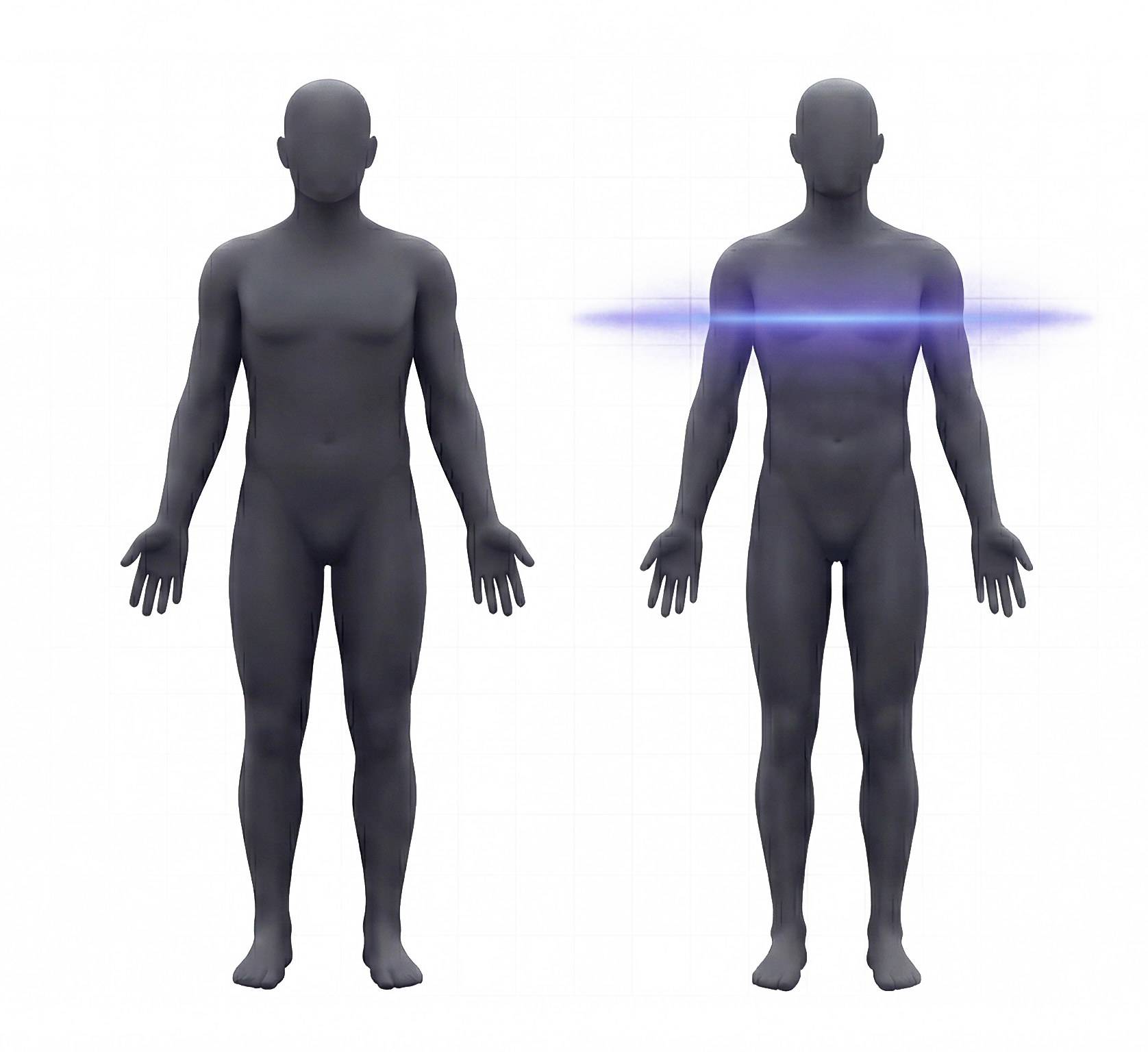 Two faceless human figures standing side by side, one with a horizontal blue light scan across the chest.