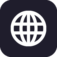 Pixelated globe icon with a horizontal band across the center on dark background.