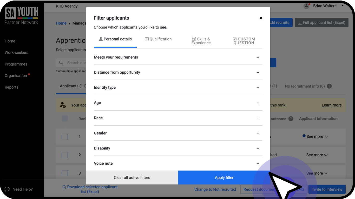 Manage applicants page (Filter applicants box).png