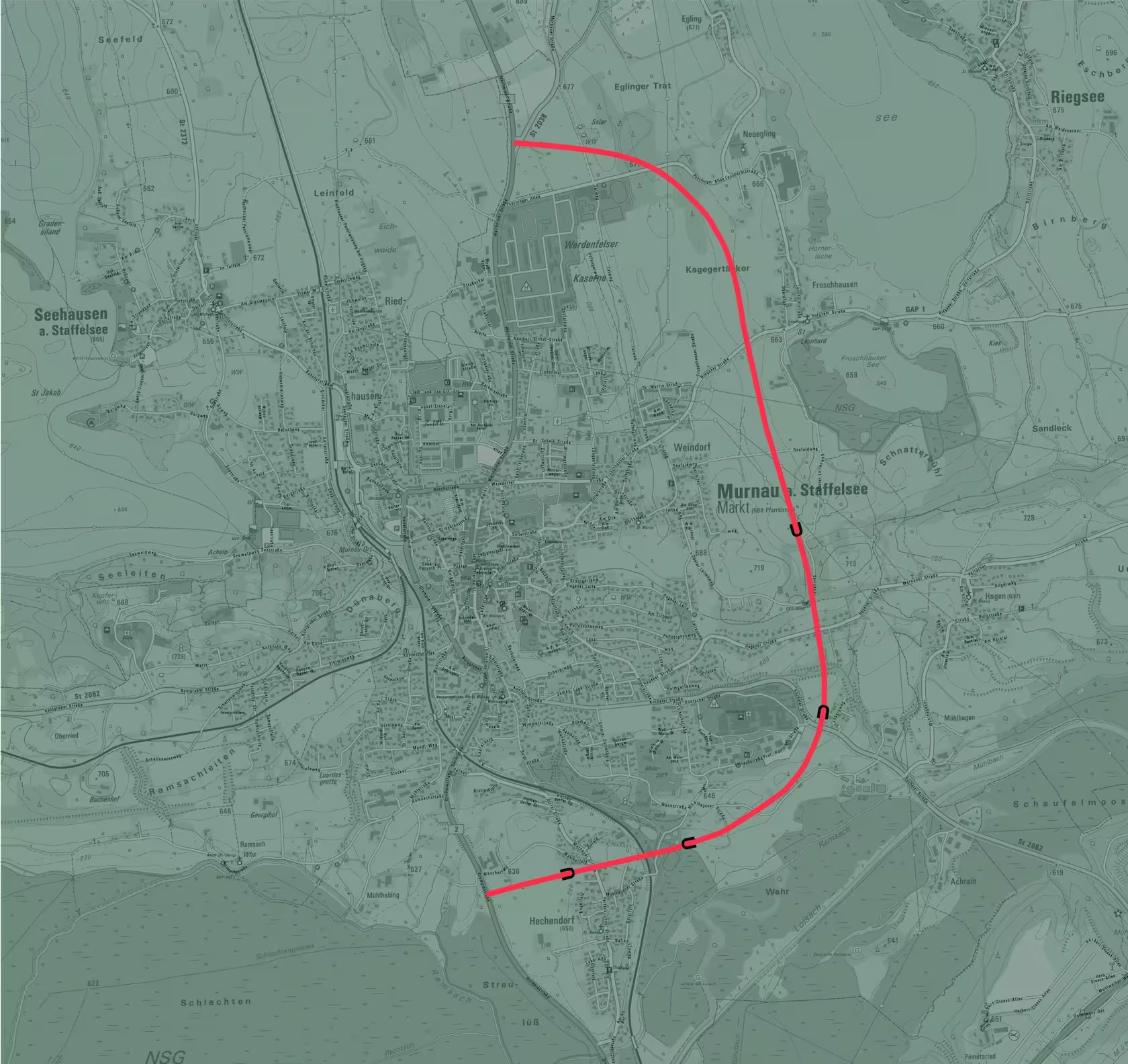 Karte von Murnau am Staffelsee mit der potenziellen Streckenführung der B2-Trasse. Variante 4 – Froschhauser See
