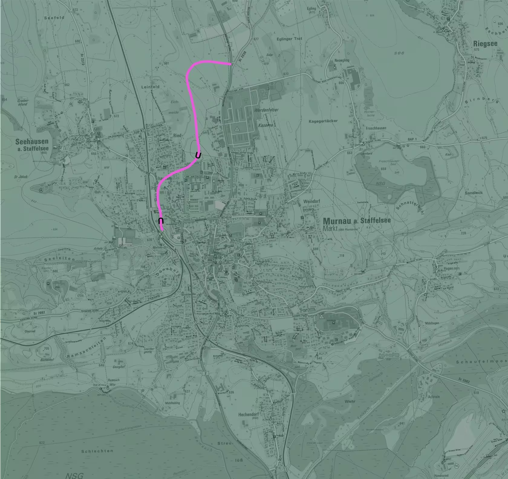 Karte von Murnau am Staffelsee mit der potenziellen Streckenführung der B2-Trasse. Variante 2 – Seehausen