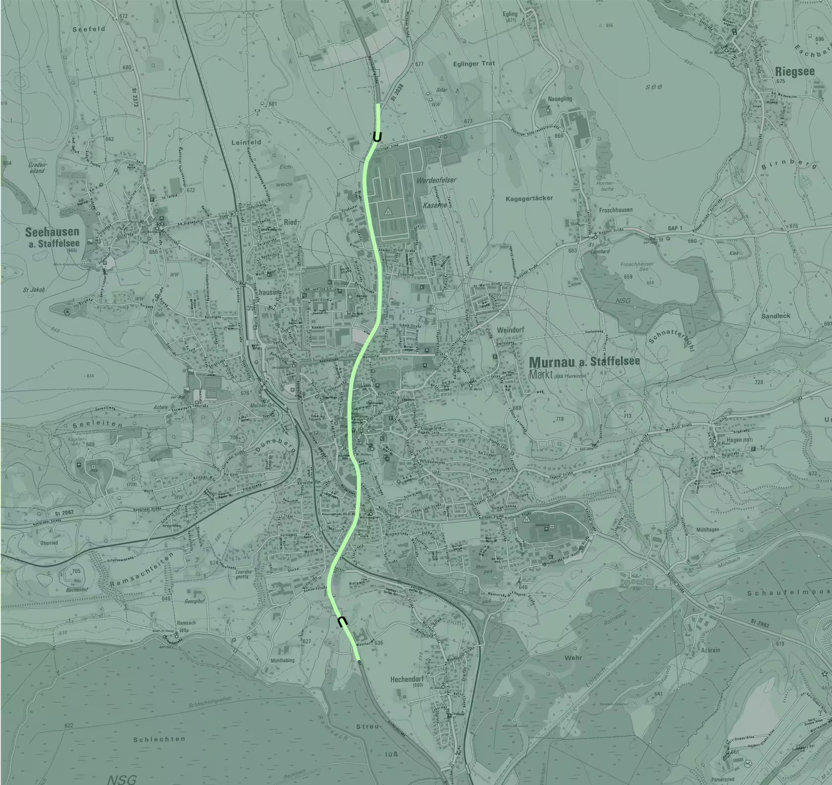 Karte von Murnau am Staffelsee mit der potenziellen Streckenführung der B2-Trasse. Variante 3 – Murnauer Ortskern