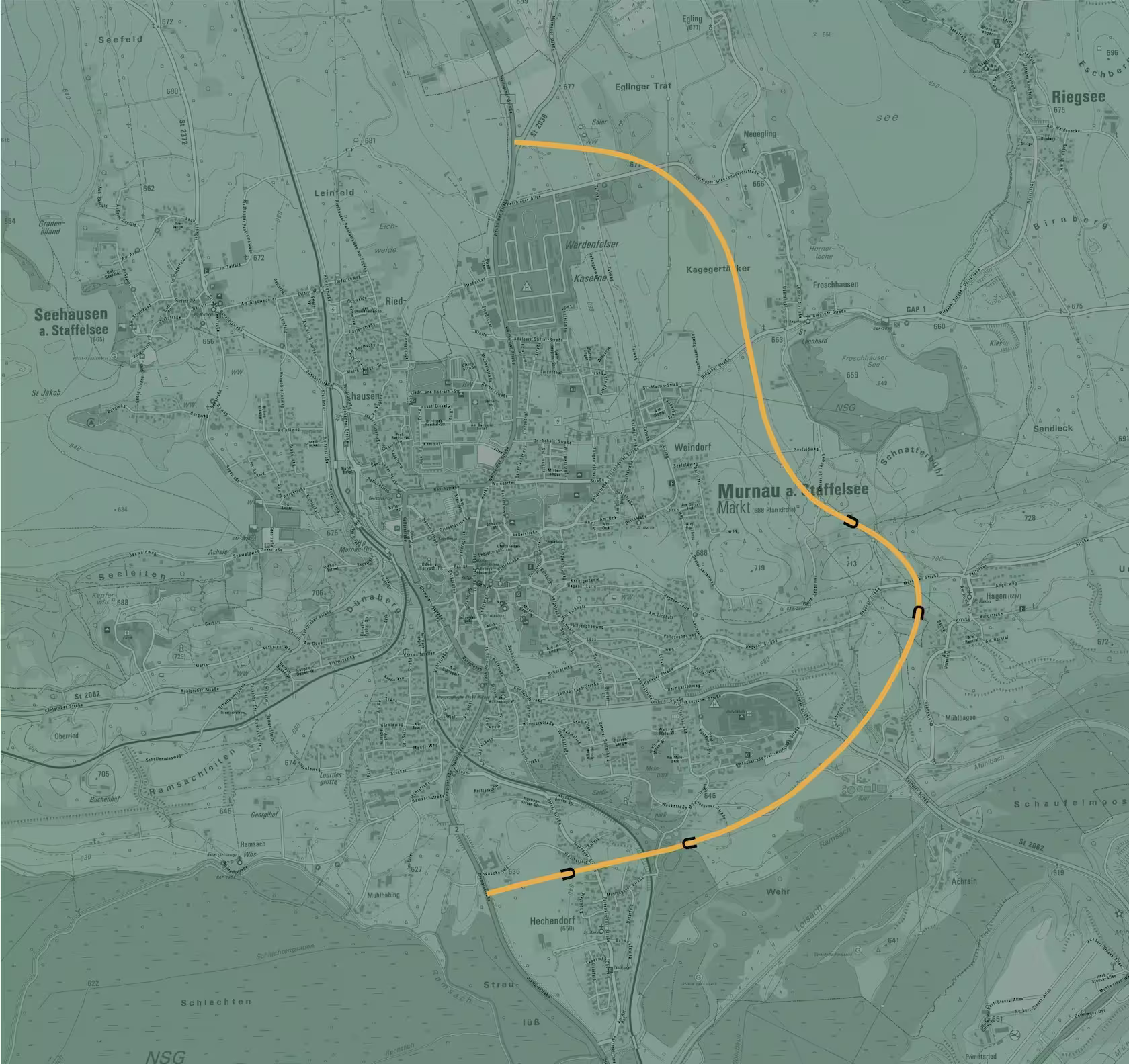 Karte von Murnau am Staffelsee mit der potenziellen Streckenführung der B2-Trasse. Variante 5 – Hagen