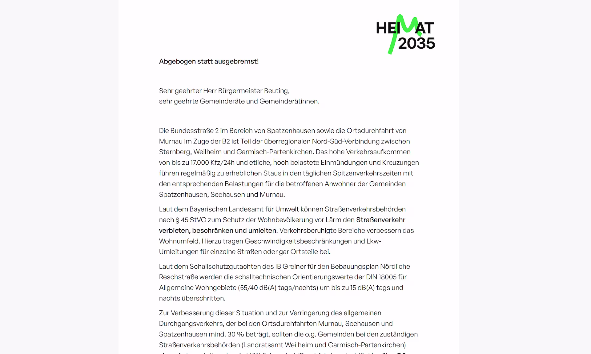 Vorschaubild vom Brief an den Murnauer Bürgermeister Beuting zum Thema der B2 Durchfahrung Murnau.