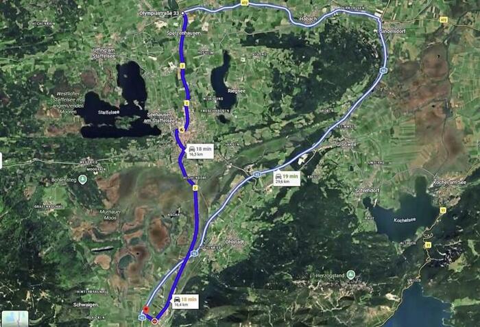 Satellitenbildaufnahme von alternativen Streckenführungen der B2 an Murnau vorbei.