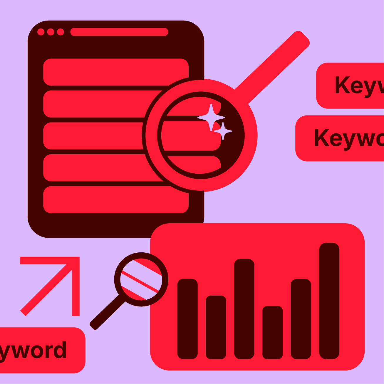 Flat illustration showing a webpage with text lines under a magnifying glass, keyword labels, an upward arrow, and a bar chart representing search analytics and SEO growth.