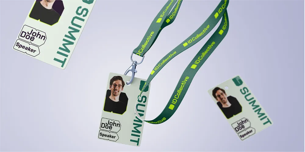 Mockups of badges in ID Collective branding.