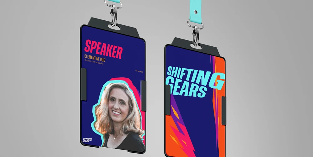 2 lanyard mockups in Shifting Gears branding with some text and a stockimage of a woman.
