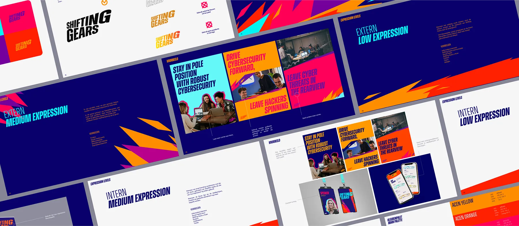 Dynamic text Shifting Gears in bright colours against a bright blue background.