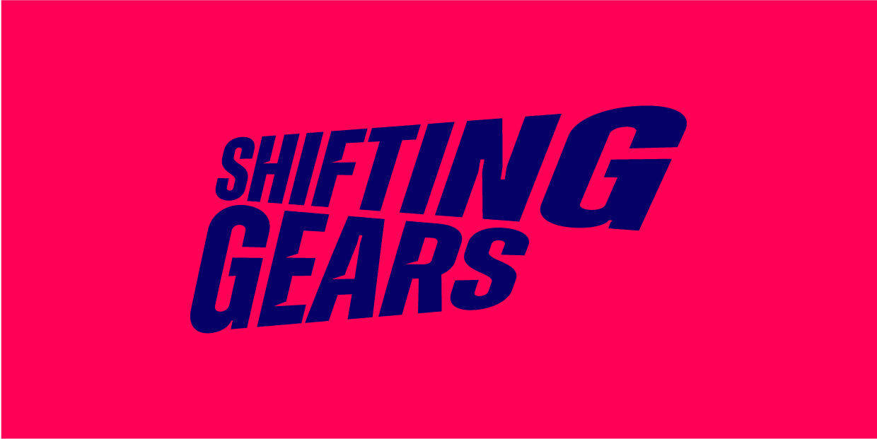 Shifting Gears logo in dark blue against a bright pink background.