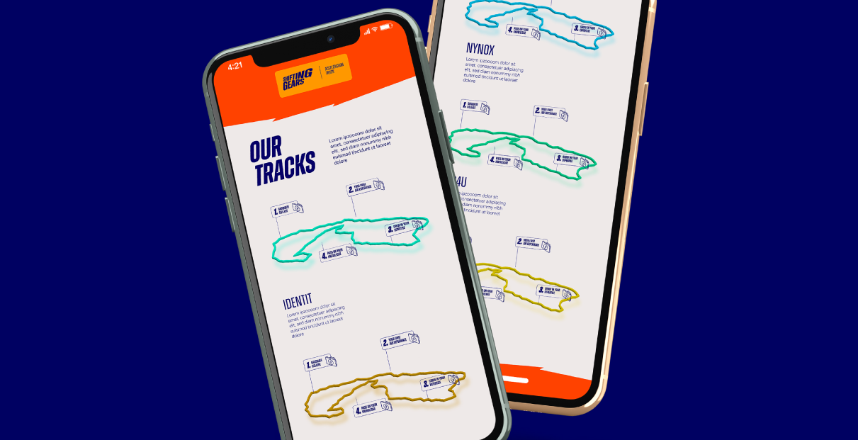 2 phone mockups with a race track in Shifting Geard branding.
