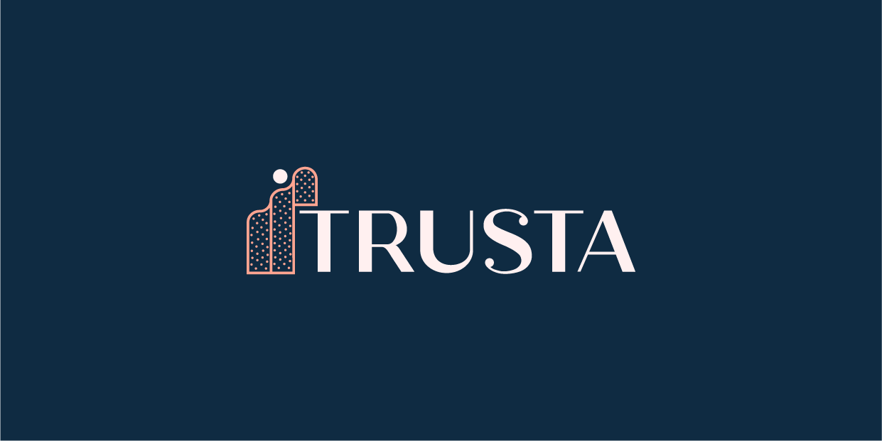 The light Trusta logo consisting of a graphic at the fornt and the typographic logo against a dark blue background.