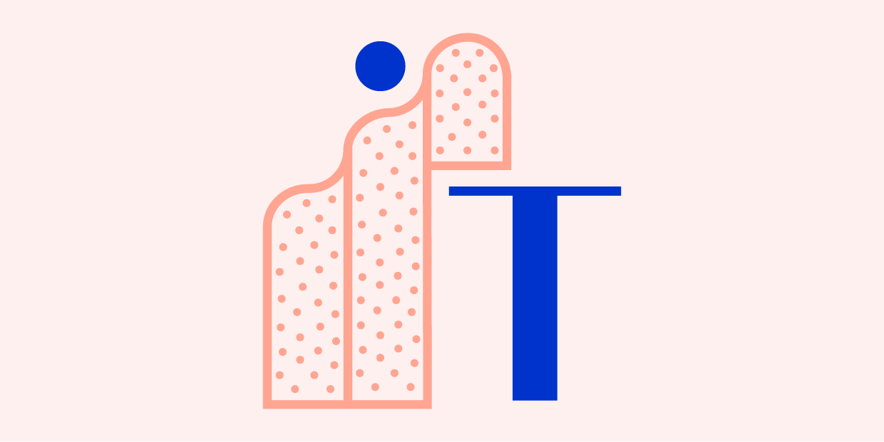 The compact Trusta logo consisiting of the graphic in the front and the typographic 'T' next to it in blue and pink against a light background.
