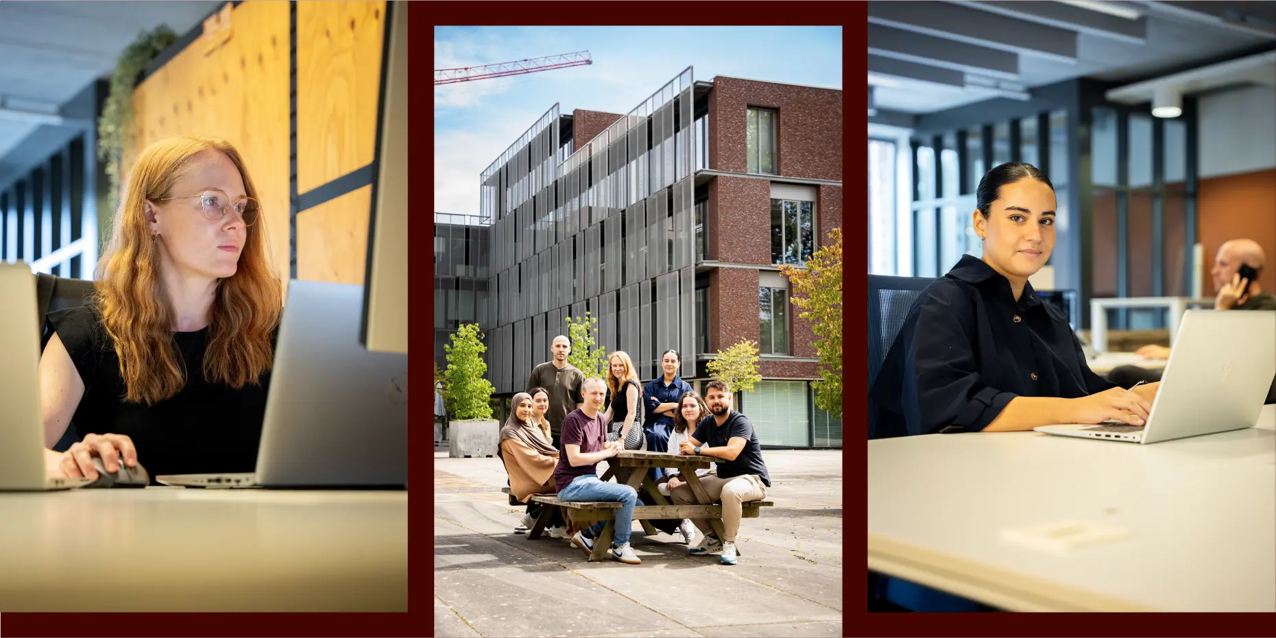 Set of 3 photos of different clients while sitting at their desks typing on their laptops.