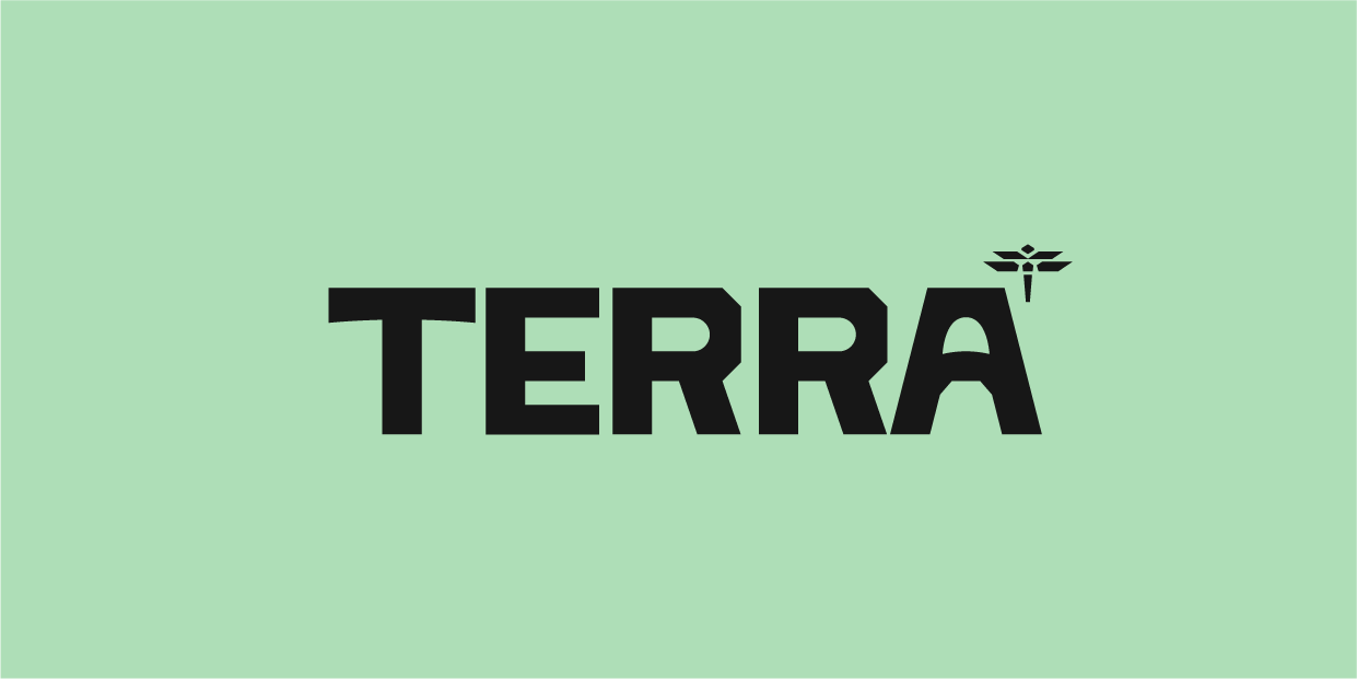 The dark green typographic Terra logo agaisnt a light, minty green background.