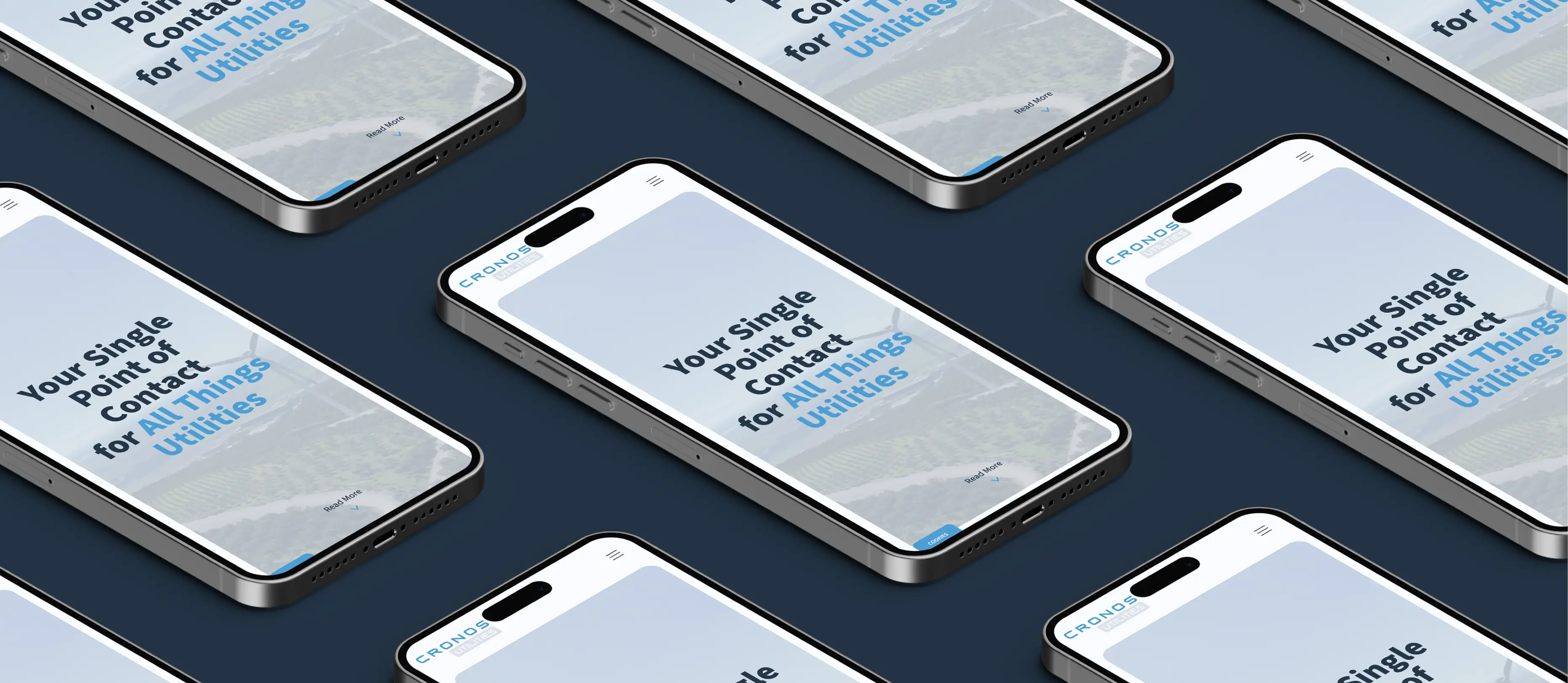 Grid of phone mockups displaying the Cronos utilities homepage against a dark blue abckground.