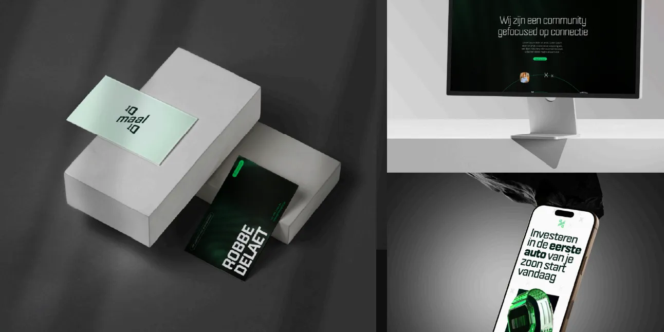 Grid of mockups of 10maal10 content displayed on phones and on a pc.