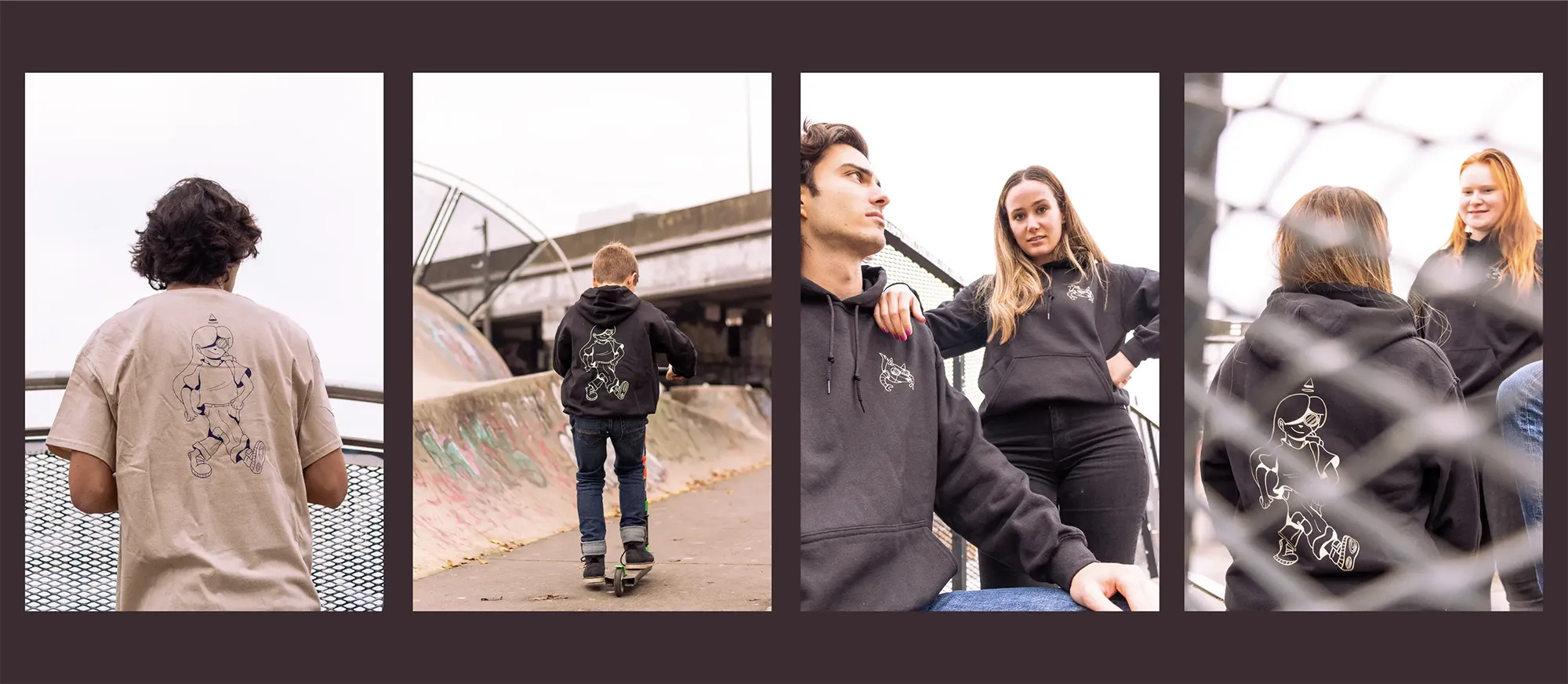 3 ligned up photos of people wearing and displaying Digitale Wolven merchandise.