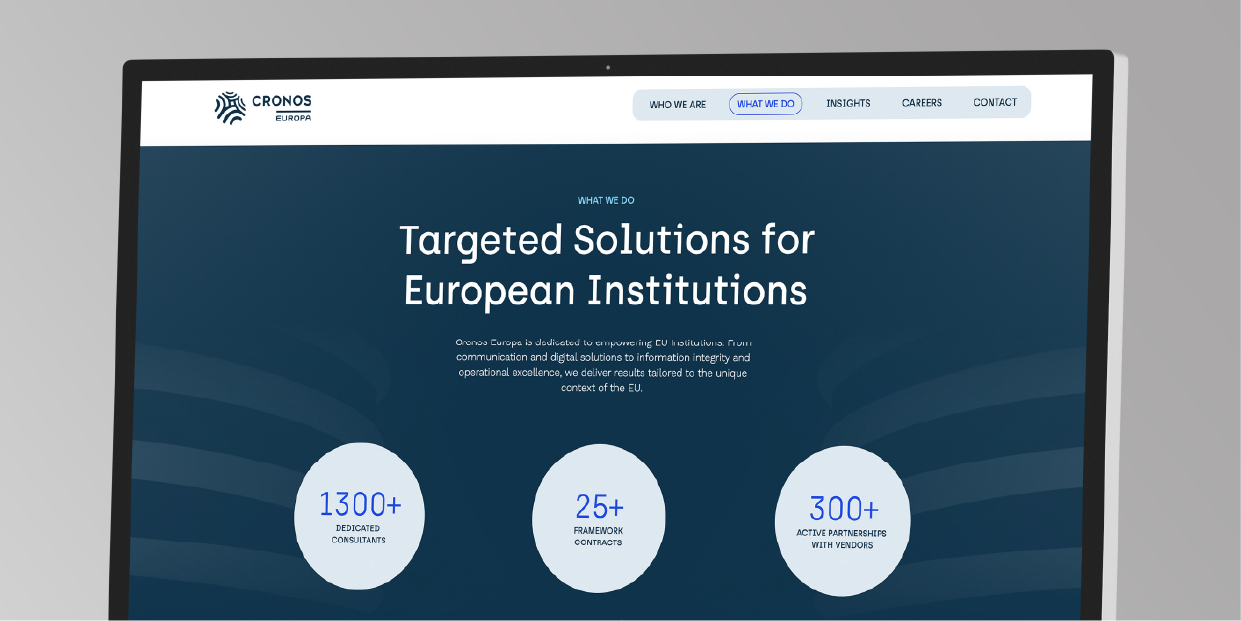 Screenshot of one of the webpages of Cronos Europa displaying some icons, text and image backgrounds.