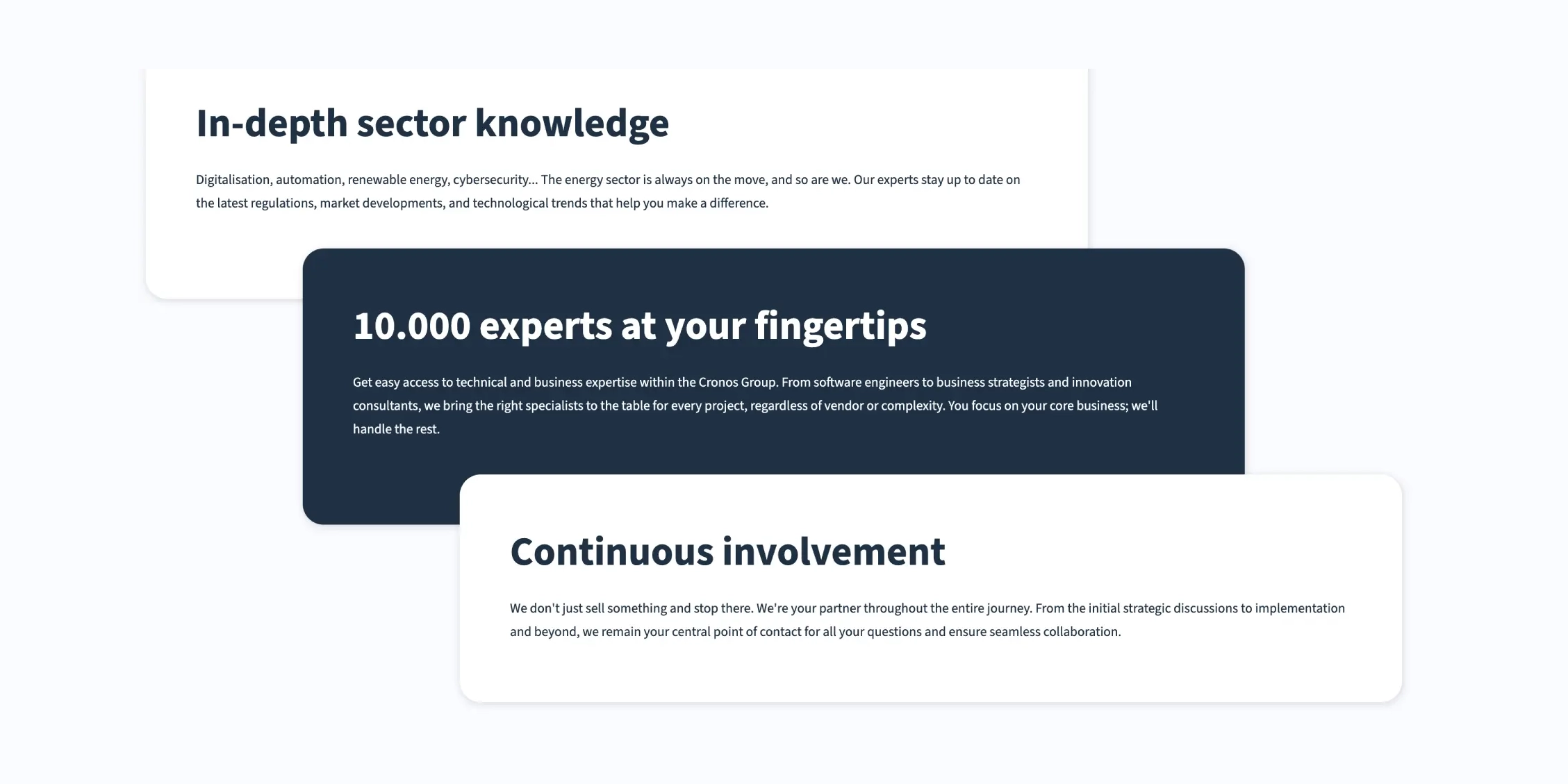 Screenshot of the section of a webpage of Cronos Utilities showing some text in light and dark blue rounded rectangles.