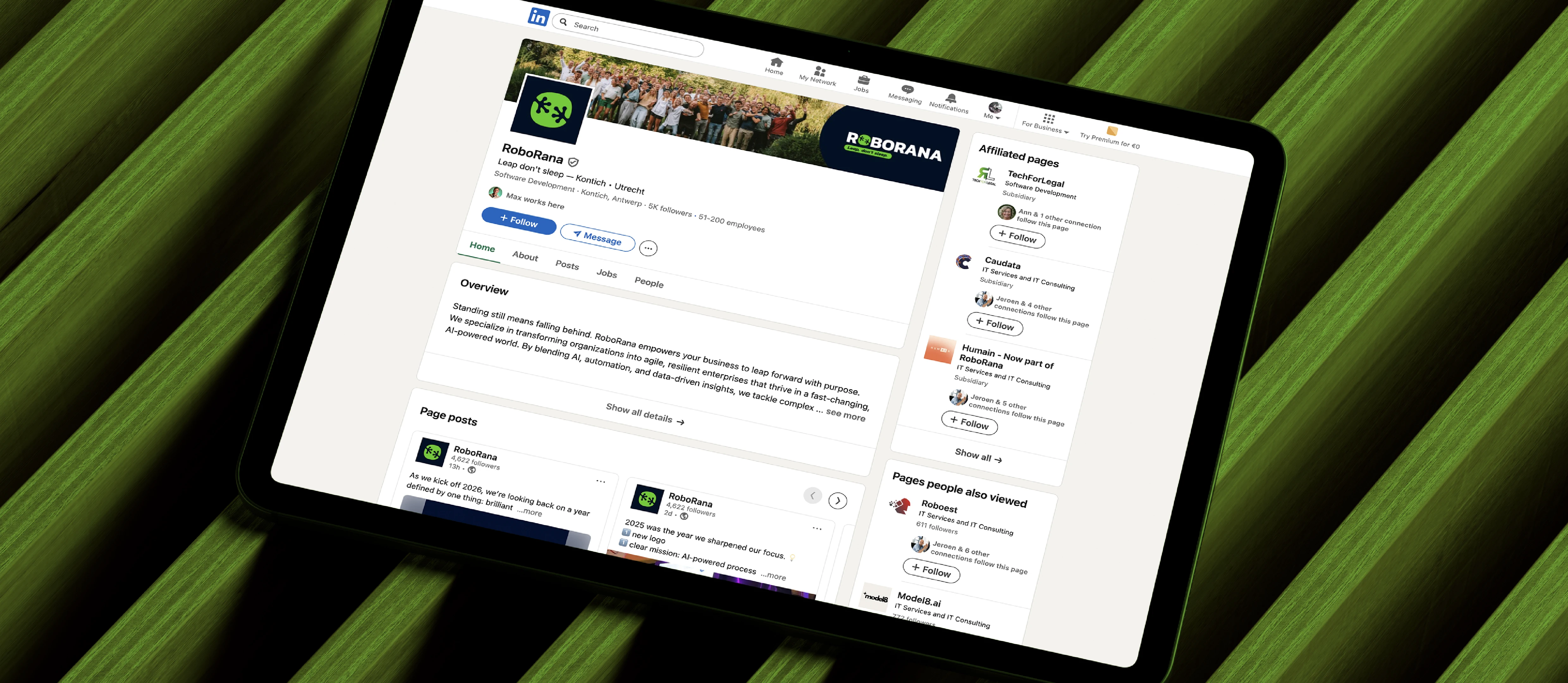 Mock-up of a PC screen showing RoboRana's LinkedIn company page.