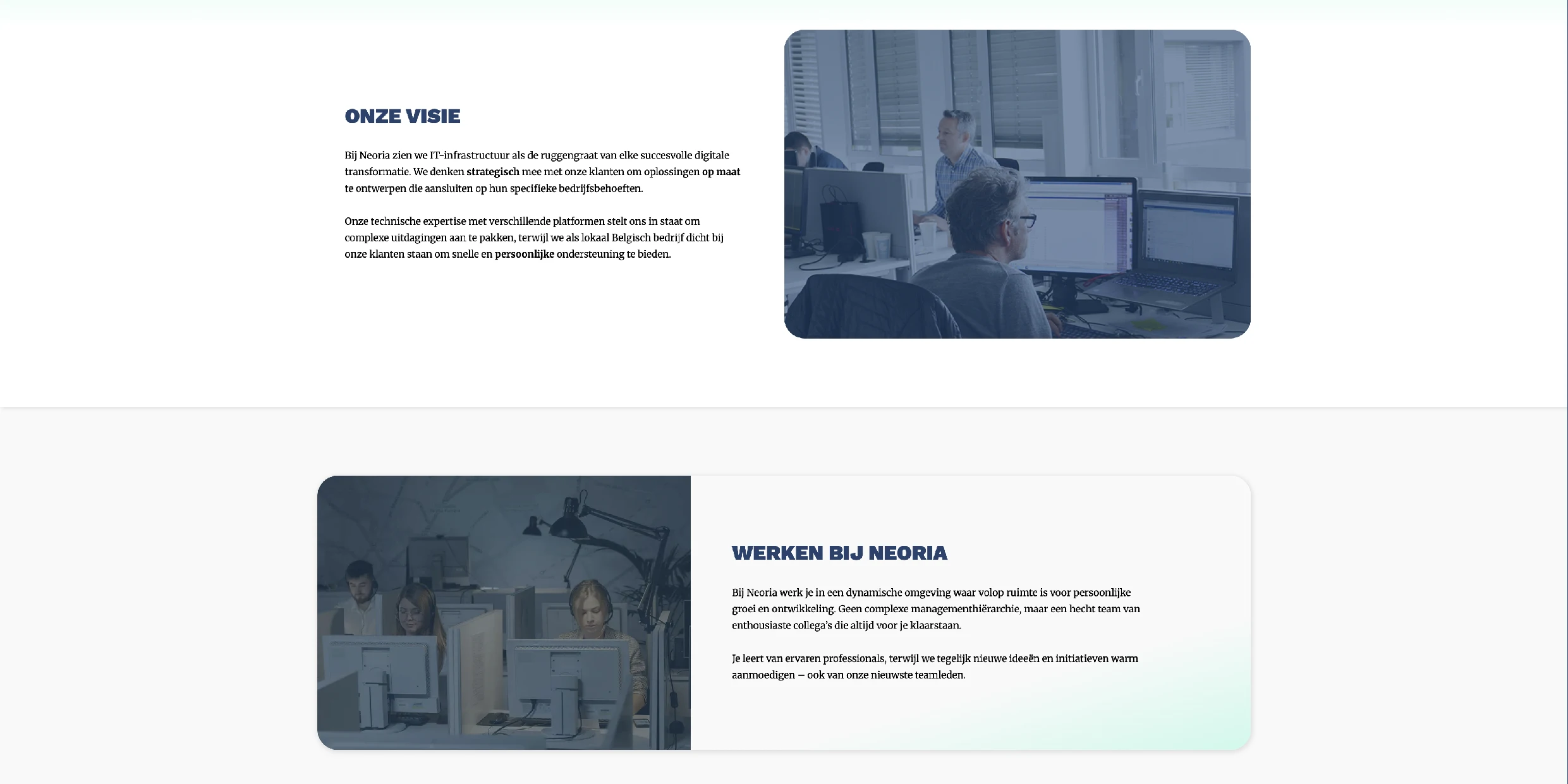 Screenshot of the Neoria website, light background with blue text and two images