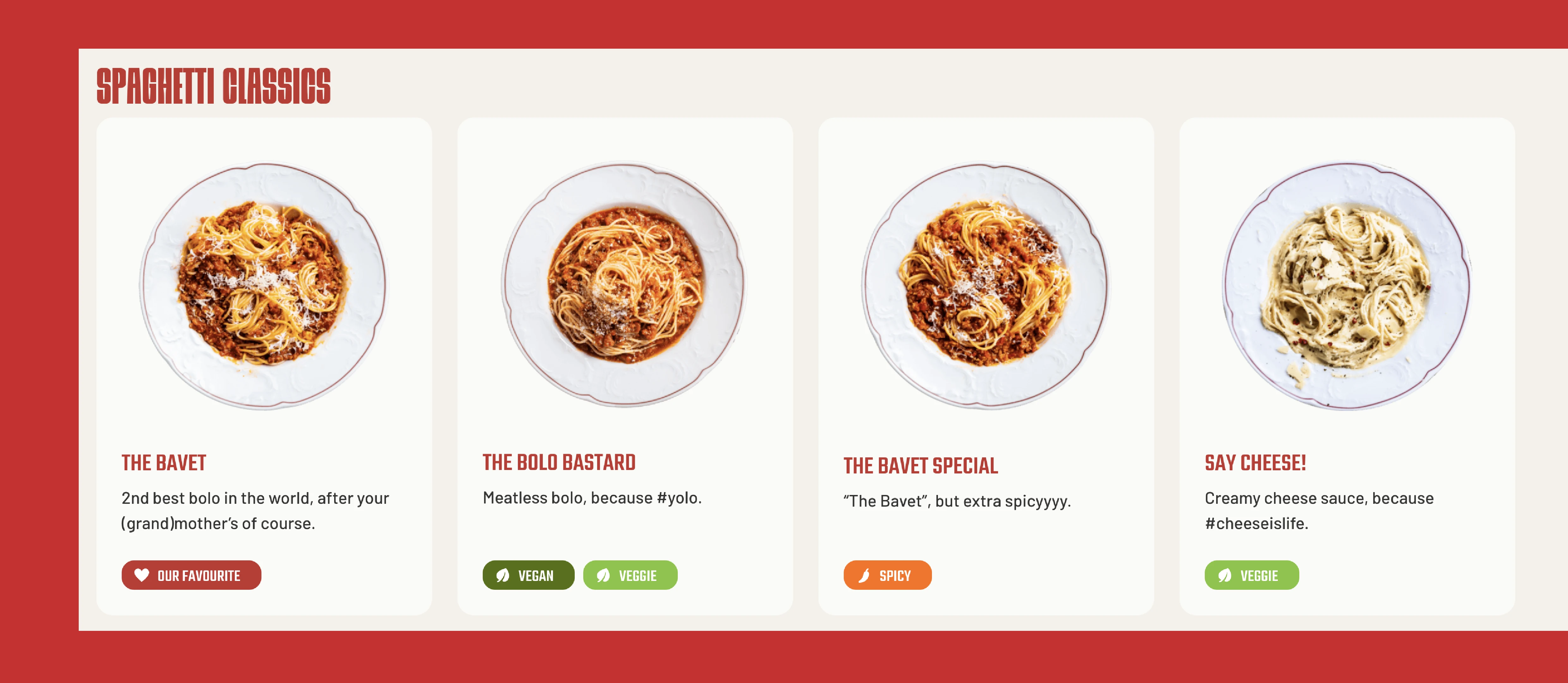 Screenshot of the site displaying the different kinds of spaghetti Bavet offers.