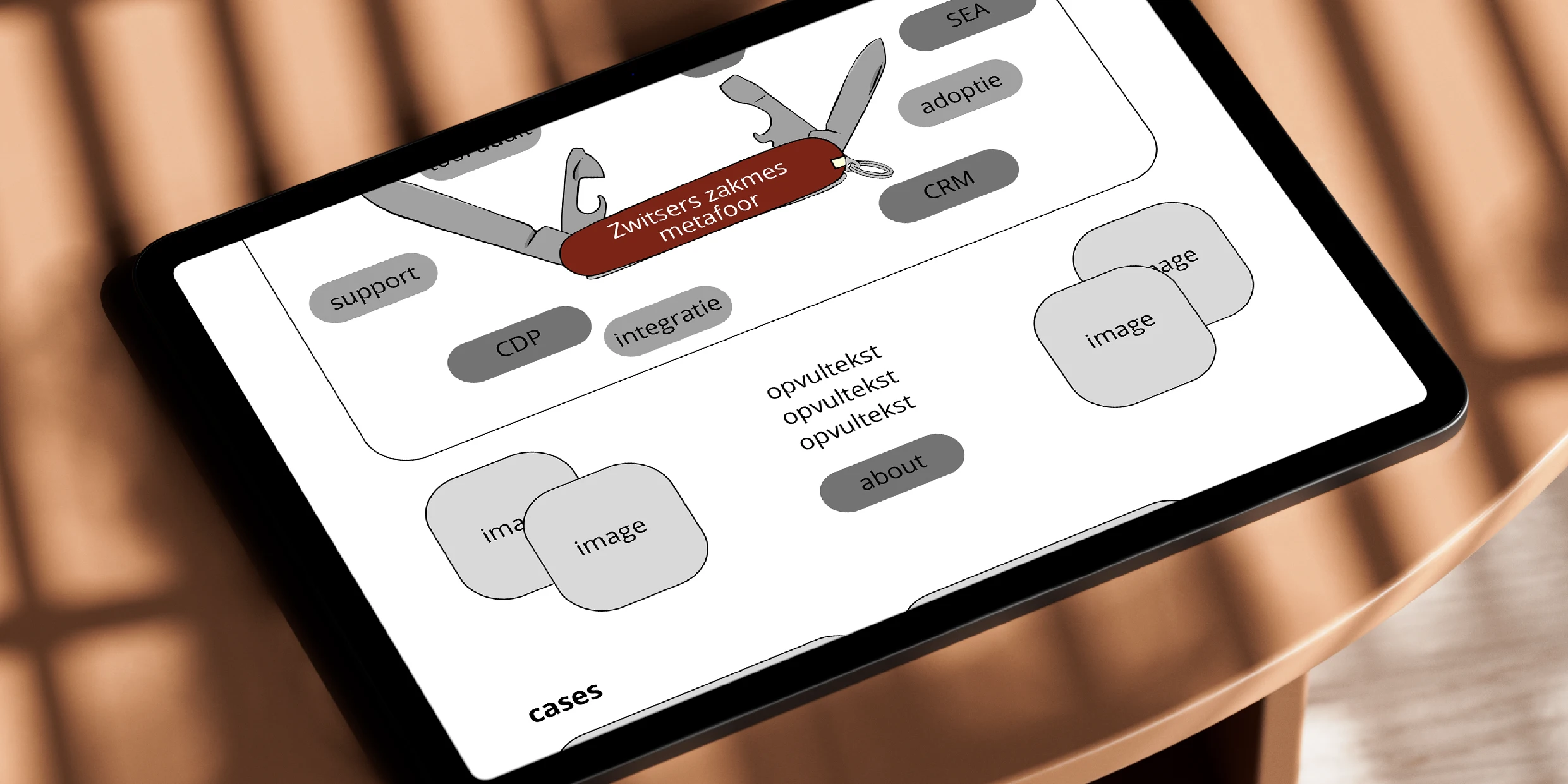 A mock up of an iPad with the Comark wireframes on it