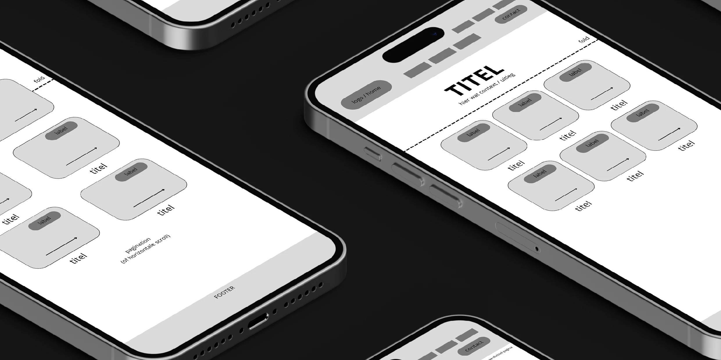A close up of the Comark mock-up where wireframes are presented inside multiple iPhones
