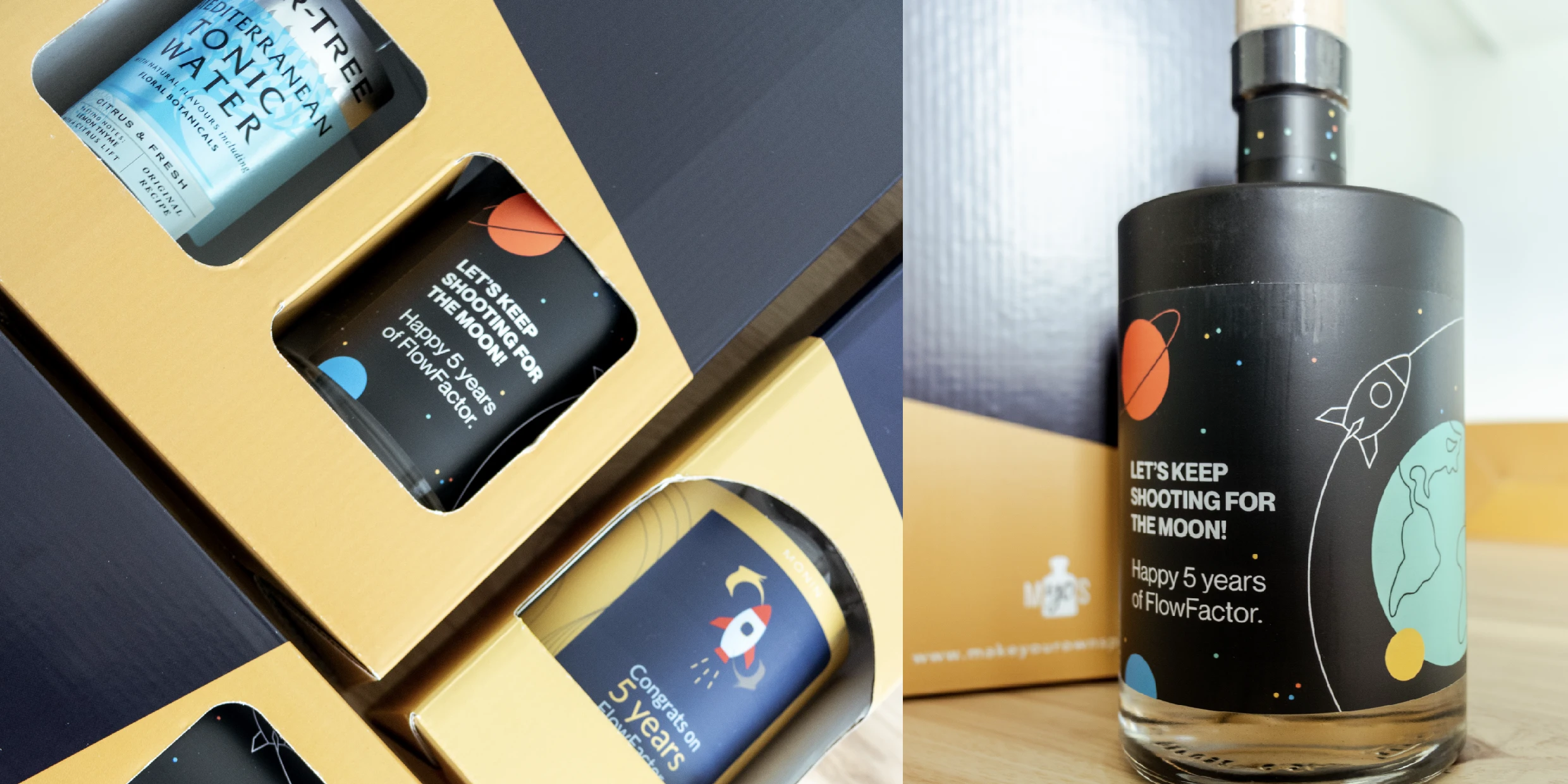 A collage of 2 pictures that shows a custom-designed bottle of liquor