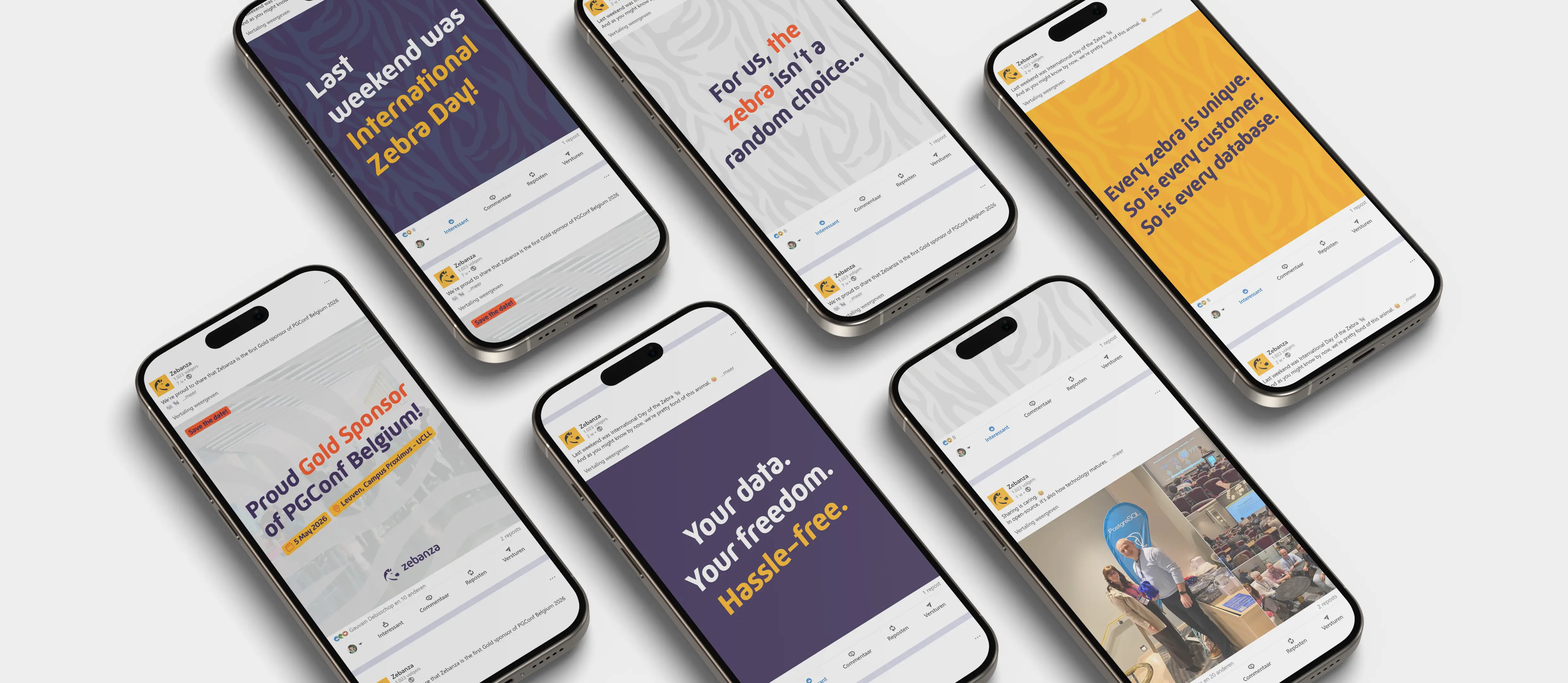 Mockup of six smartphones all displaying various social postst on the Zebanza LinkedIn page.