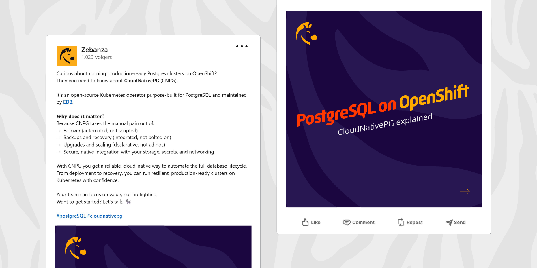 Mockup of one of Zebanza's LinkedIn posts with a relevant visual and the cirresponding social copy.