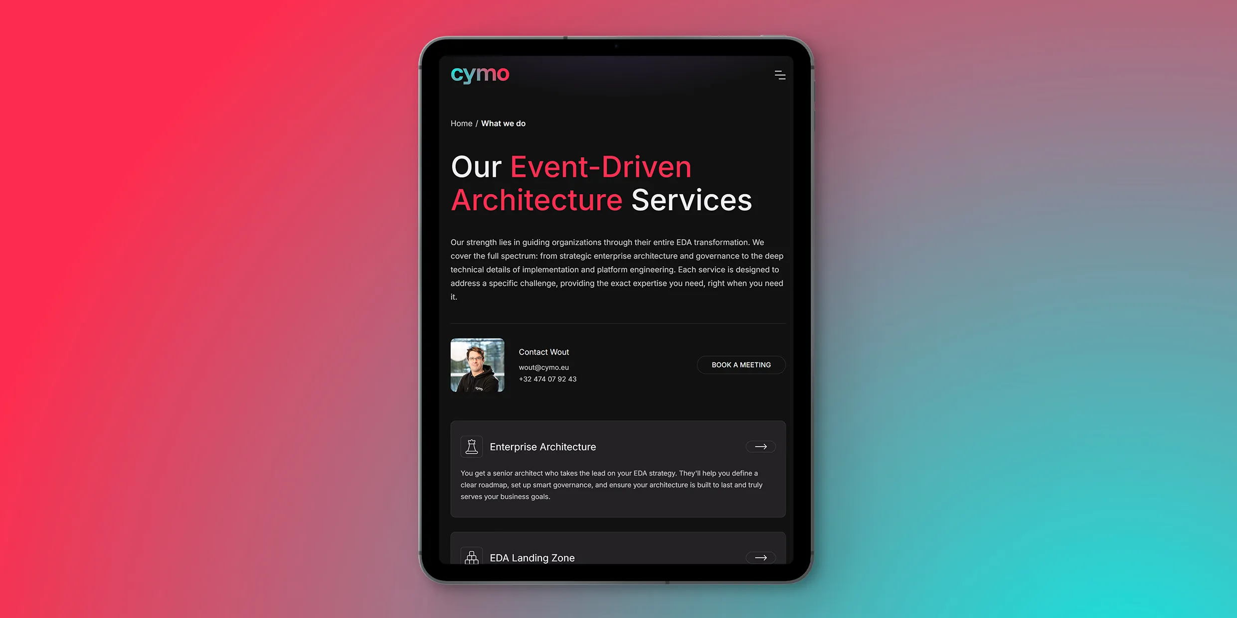 Mokcup of a blog page on the Cymo website displauyed on a tablet against a bright graident background.