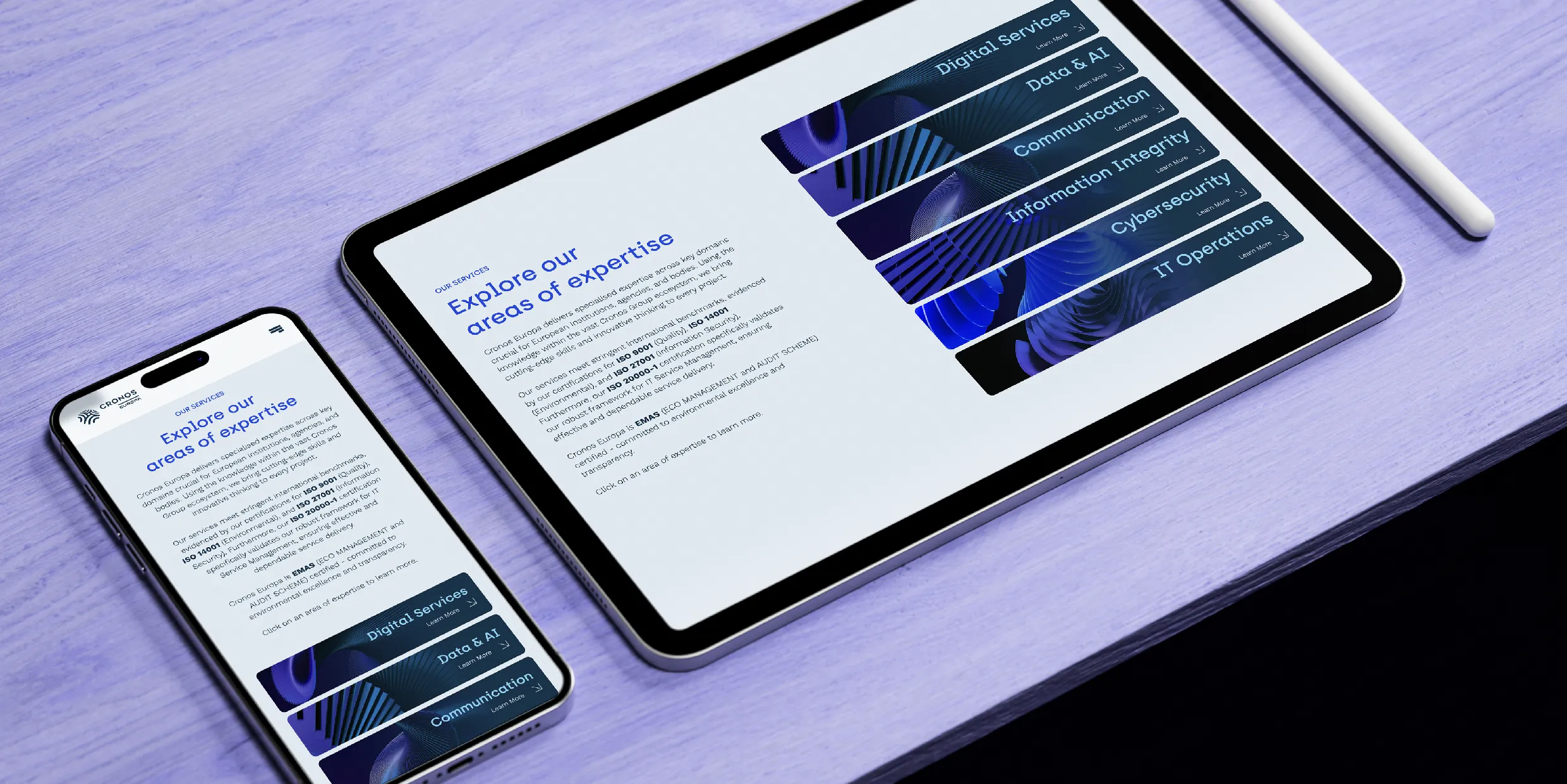 A mock up of the website displaying Explore our areas of expertise