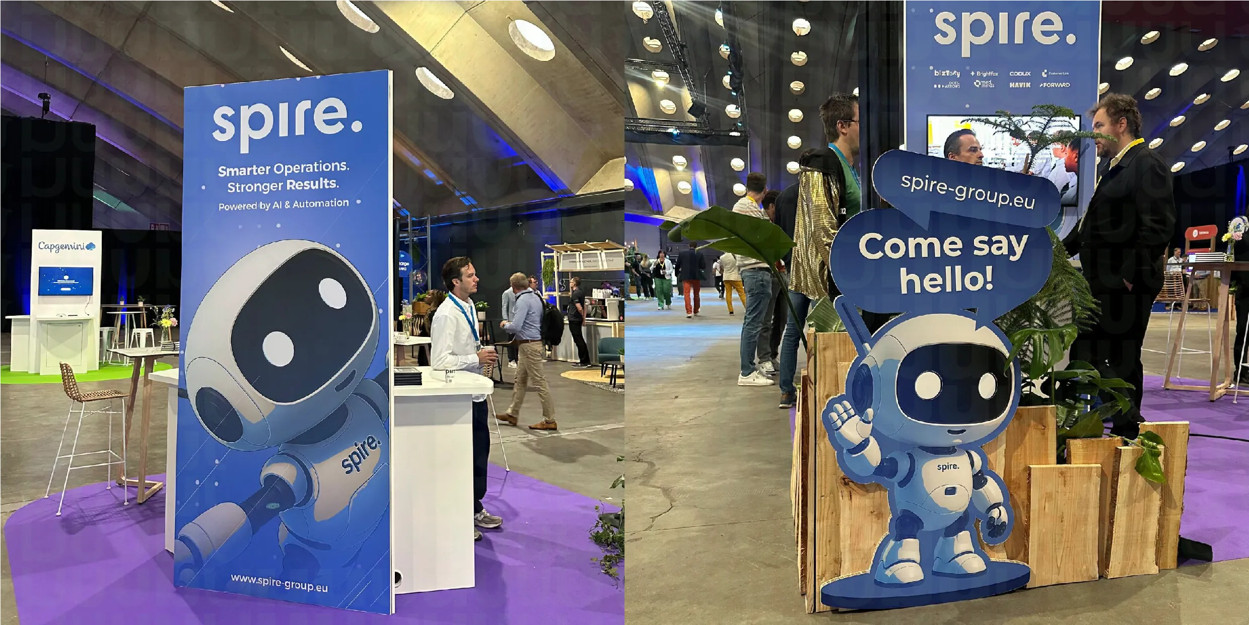 2 Spire branded rollup banners positioned at an event 