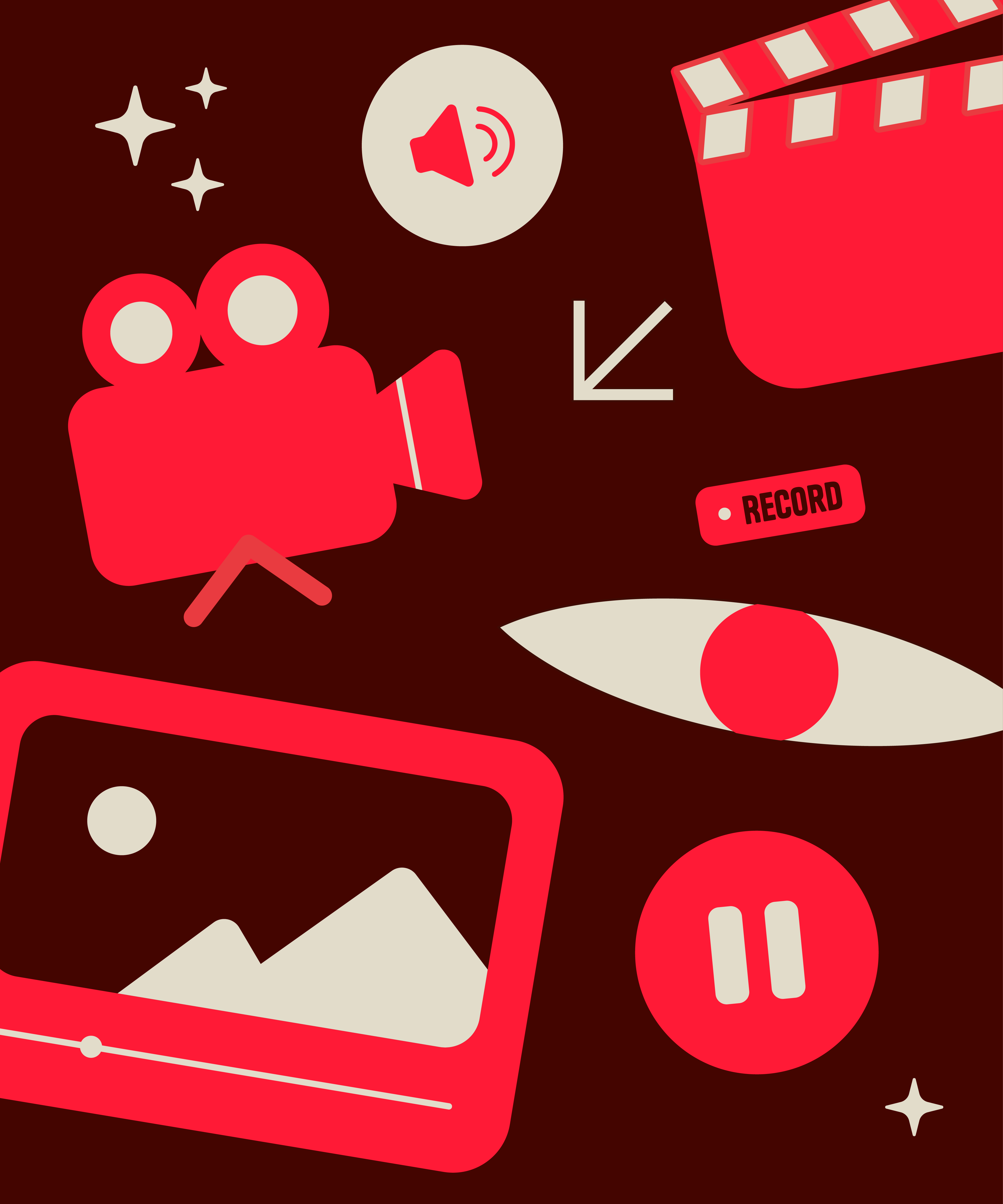 Illustration featuring a video camera, clapperboard, play controls, and media icons representing AI-powered video creation and editing.