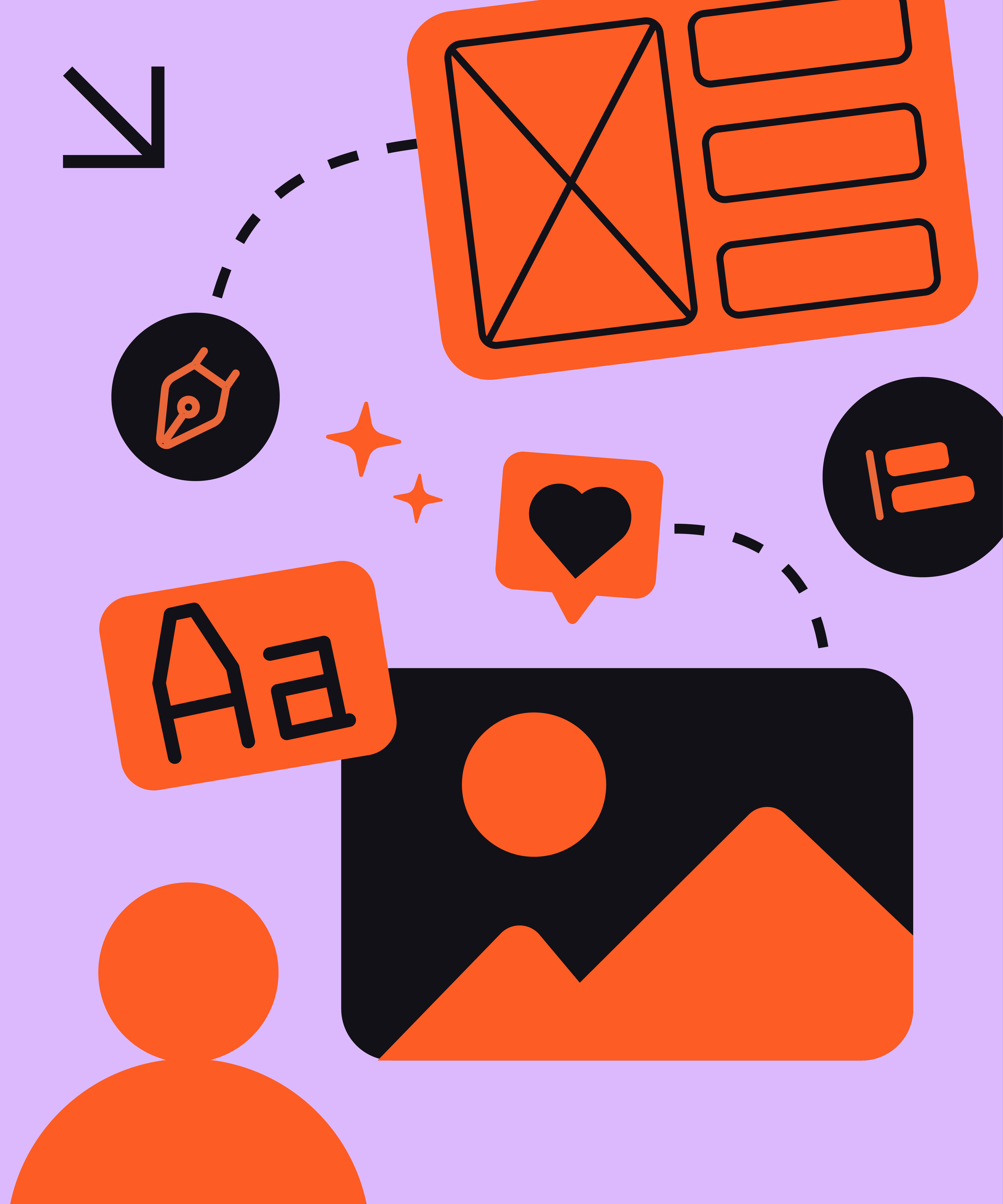 Flat illustration of a person icon surrounded by design elements like image placeholders, layout wireframes, and interface tools representing AI-assisted visual design.