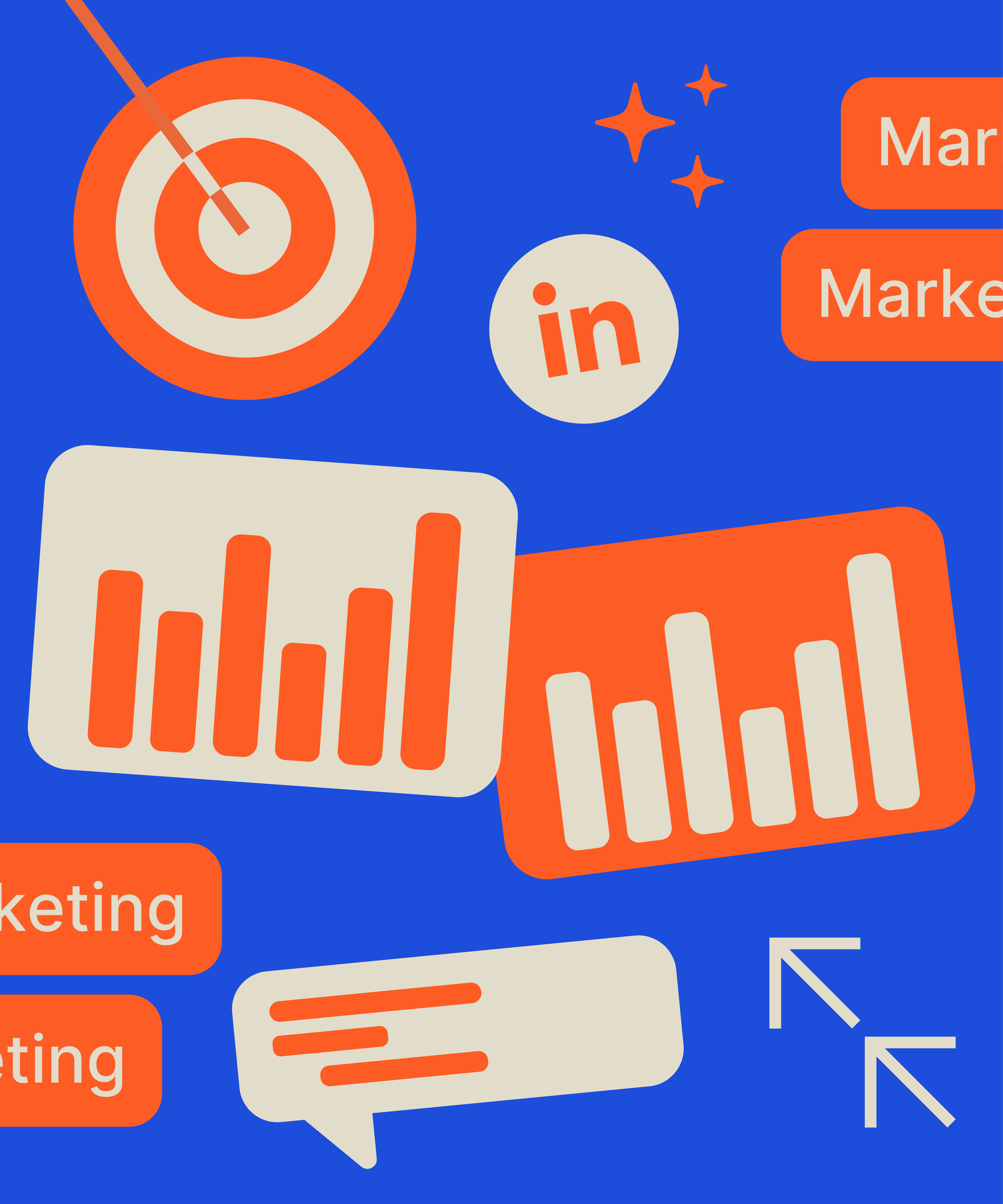 Bright graphic with a target, analytics charts, arrows, and marketing labels showing AI-driven campaign performance and growth.