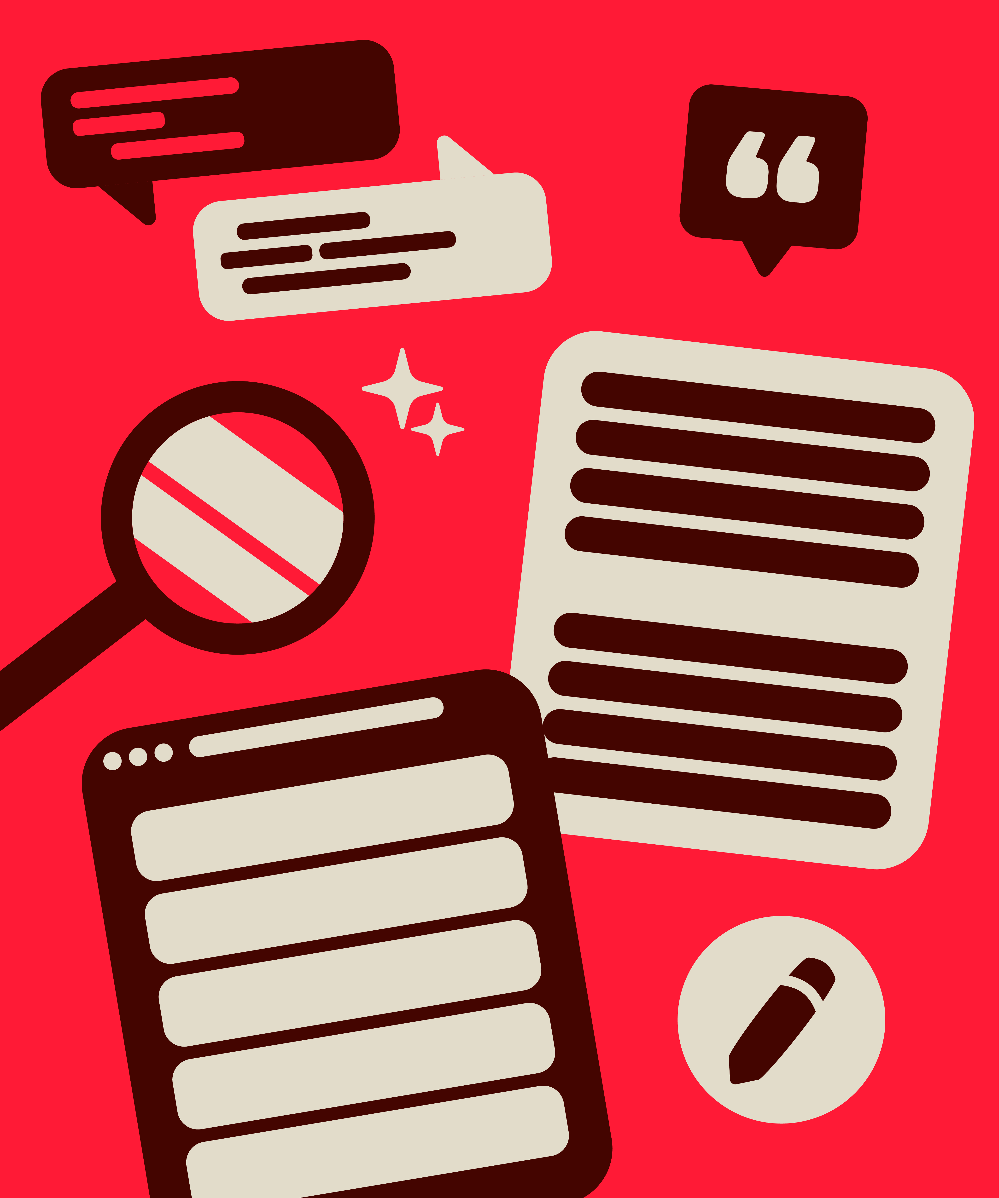 Illustration of documents, speech bubbles, a magnifying glass, and a pencil symbolizing AI helping with writing, editing, and content creation.
