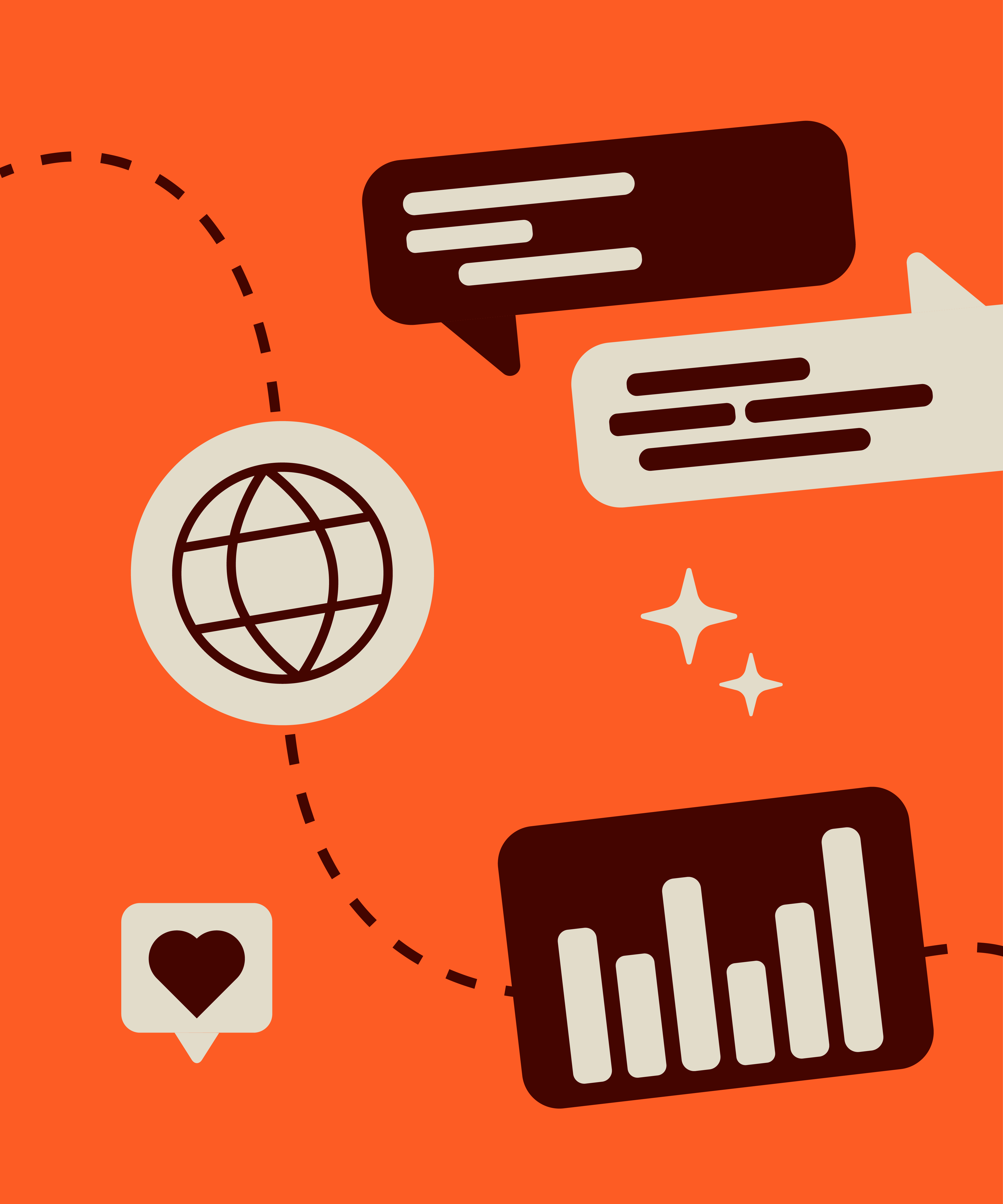 Stylized graphic showing a webpage under a magnifying glass, binoculars, chat bubbles, and a bar chart to represent AI tools analyzing online content and trends.