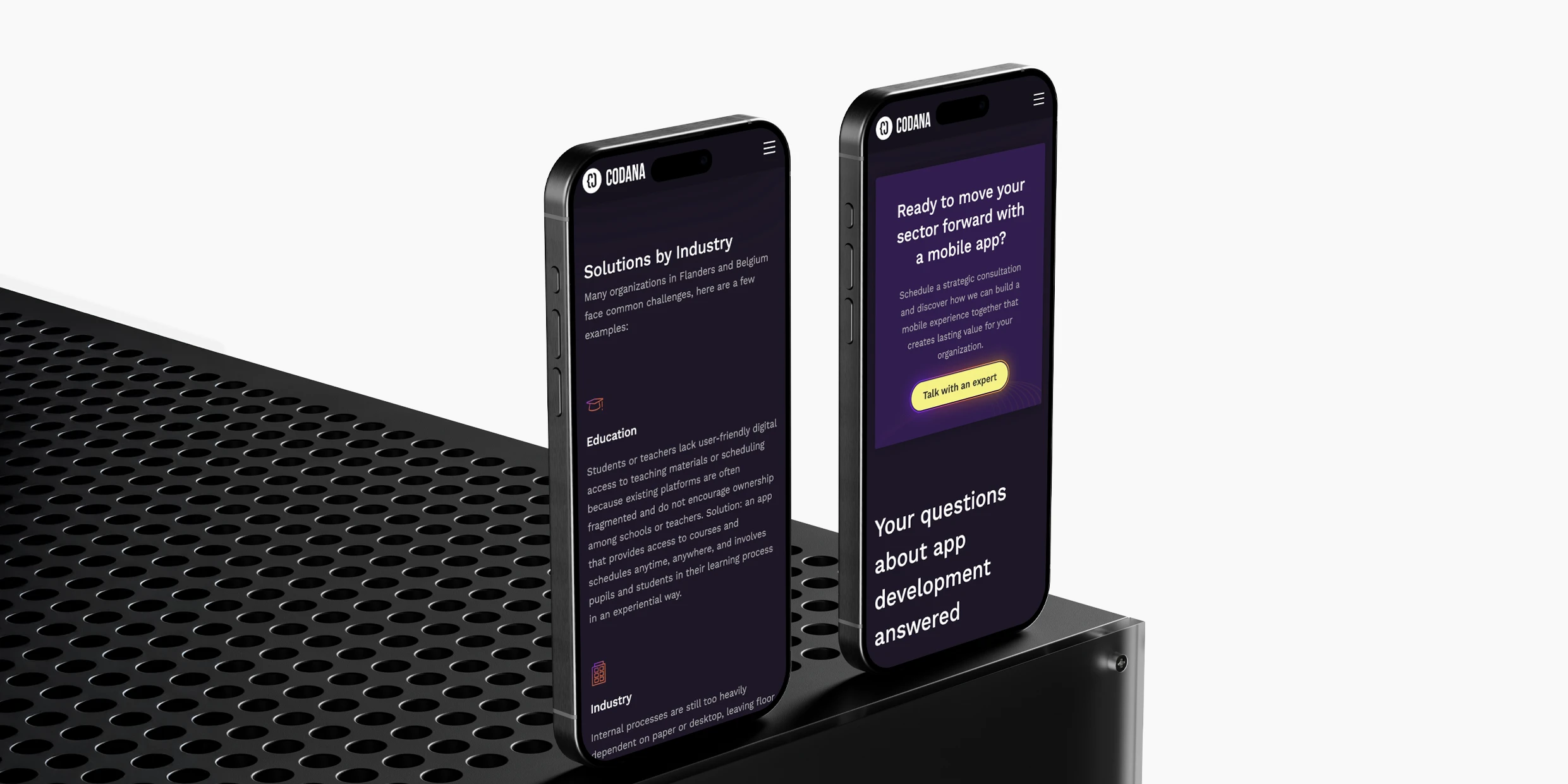 Two mockups of the Codana applications page, displayed on two smartphones.