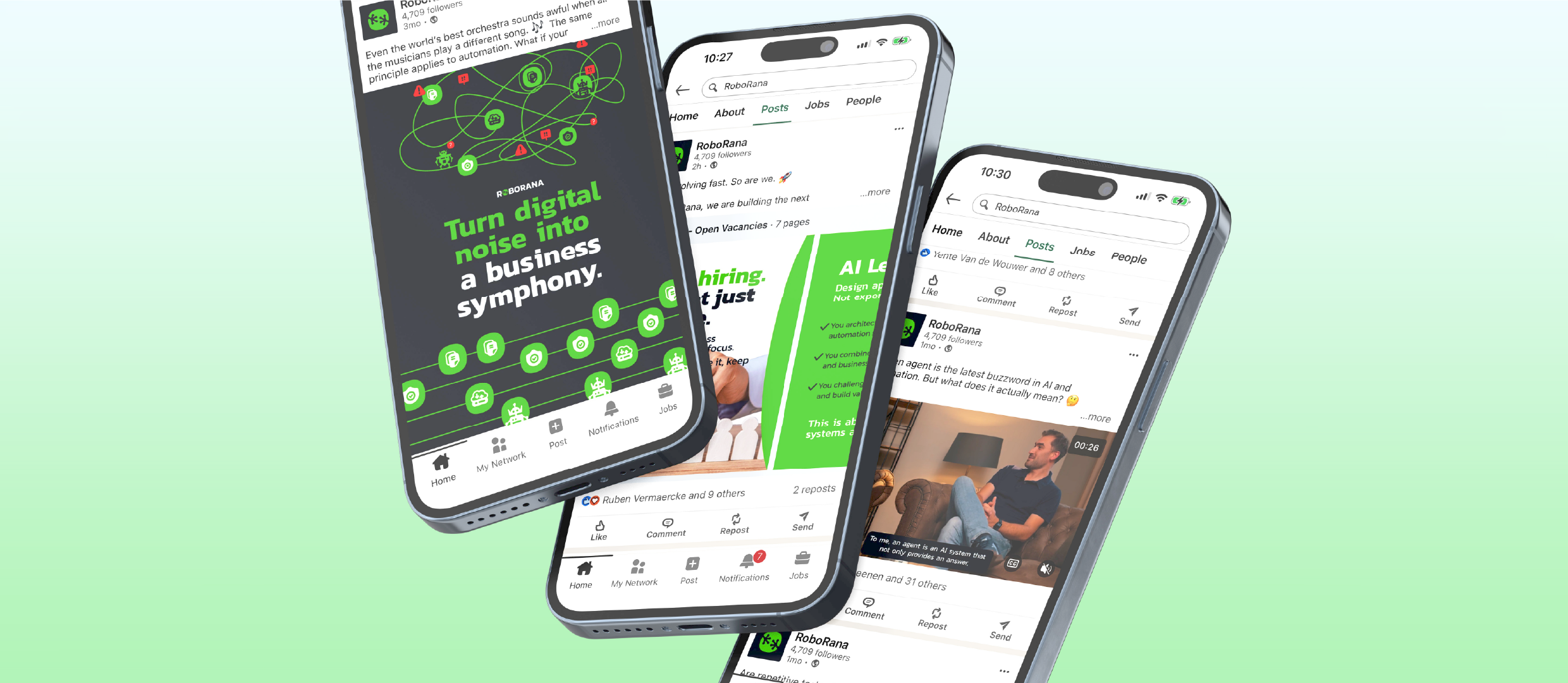 Three mockups of smartphones with shots of various webpages of the Roborana website.