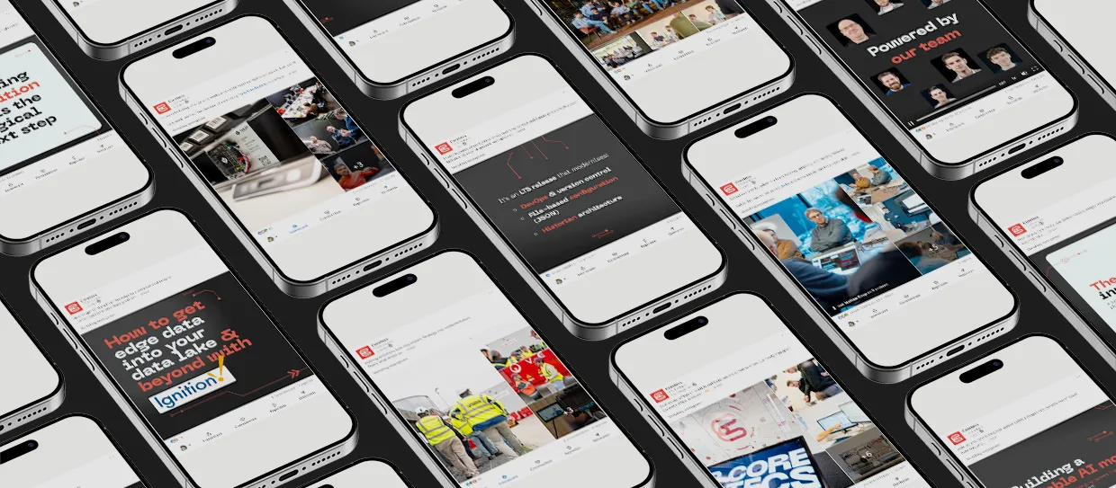Mockup grid of smartphones all displaying various LinekdIn Coretecs posts.