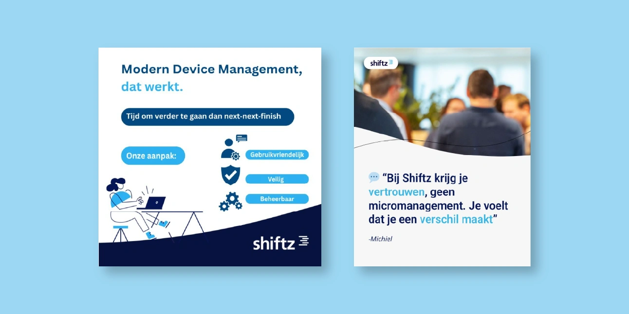 2 templates made in Canva, displayed next to each other against a bright blue background. 