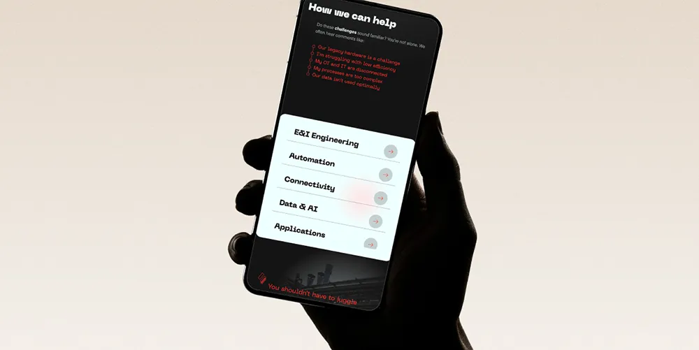 Mockup of a webpage of the Coretecs website on a phone, being held in the air.