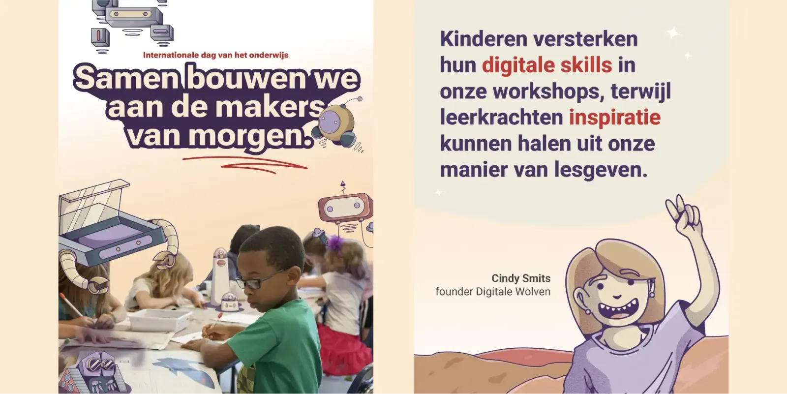 Set of 2 visuals next to each other with photo of some kids, a little text and an illustration in the brand of Digitale Wolven.