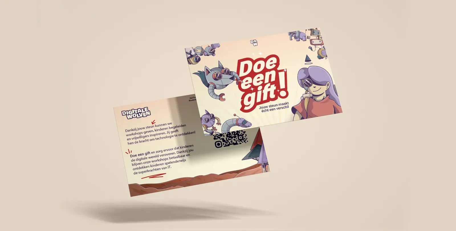 Mockup of the 'Doe een gift' A6 folder-card.