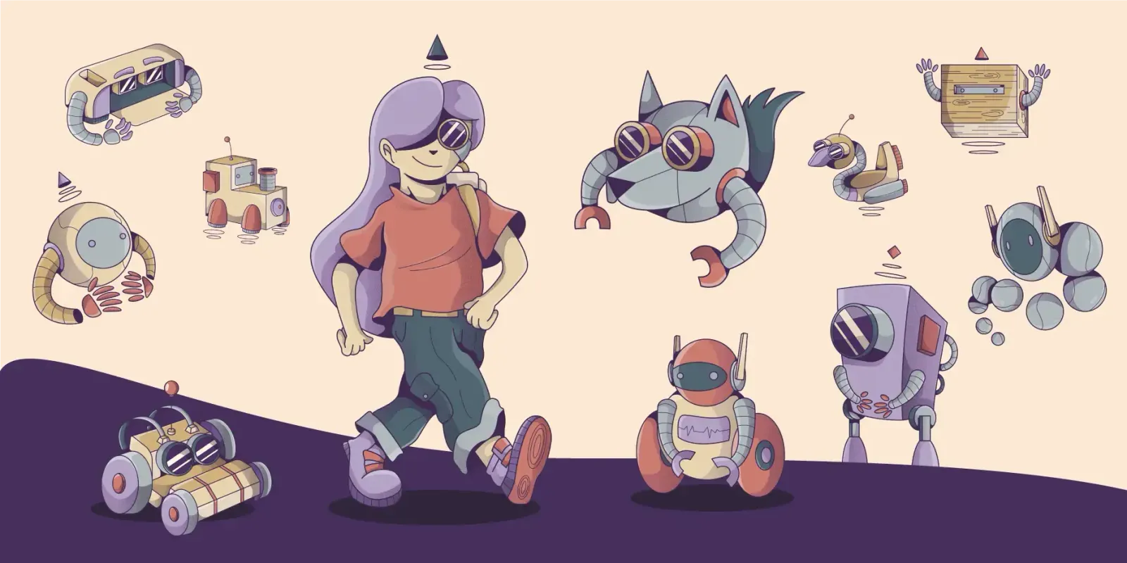 Single visual of the girl mascotte charachter Amelie of Digitale Wolven with all kidns of robots on a light background.