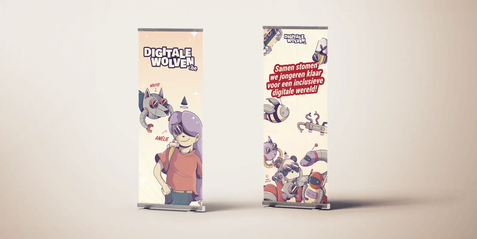 Set of 2 Digitale Wolven rollup banners against a beige background.